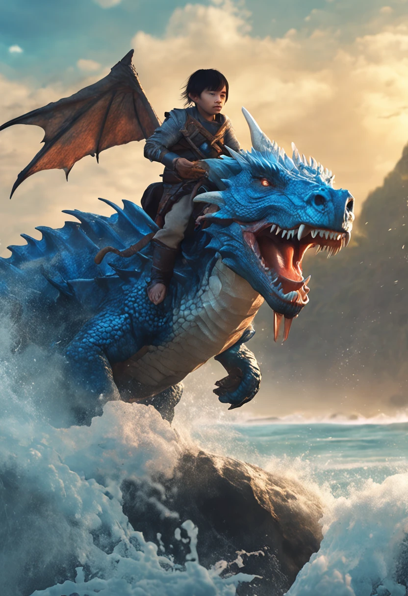 Close-up of a child riding a blue dragon on the beach, Dragon rider, Epic fantasy digital art style, Dragoon, by Yang J, Rob Ray, Epic fantasy art style, epic fantasy illustration, author:Jeremy Chang, tithi luadthong, ross tran and michael whelan, Fantasy art Behance, by Bayard Wu, author:Ryan Yee