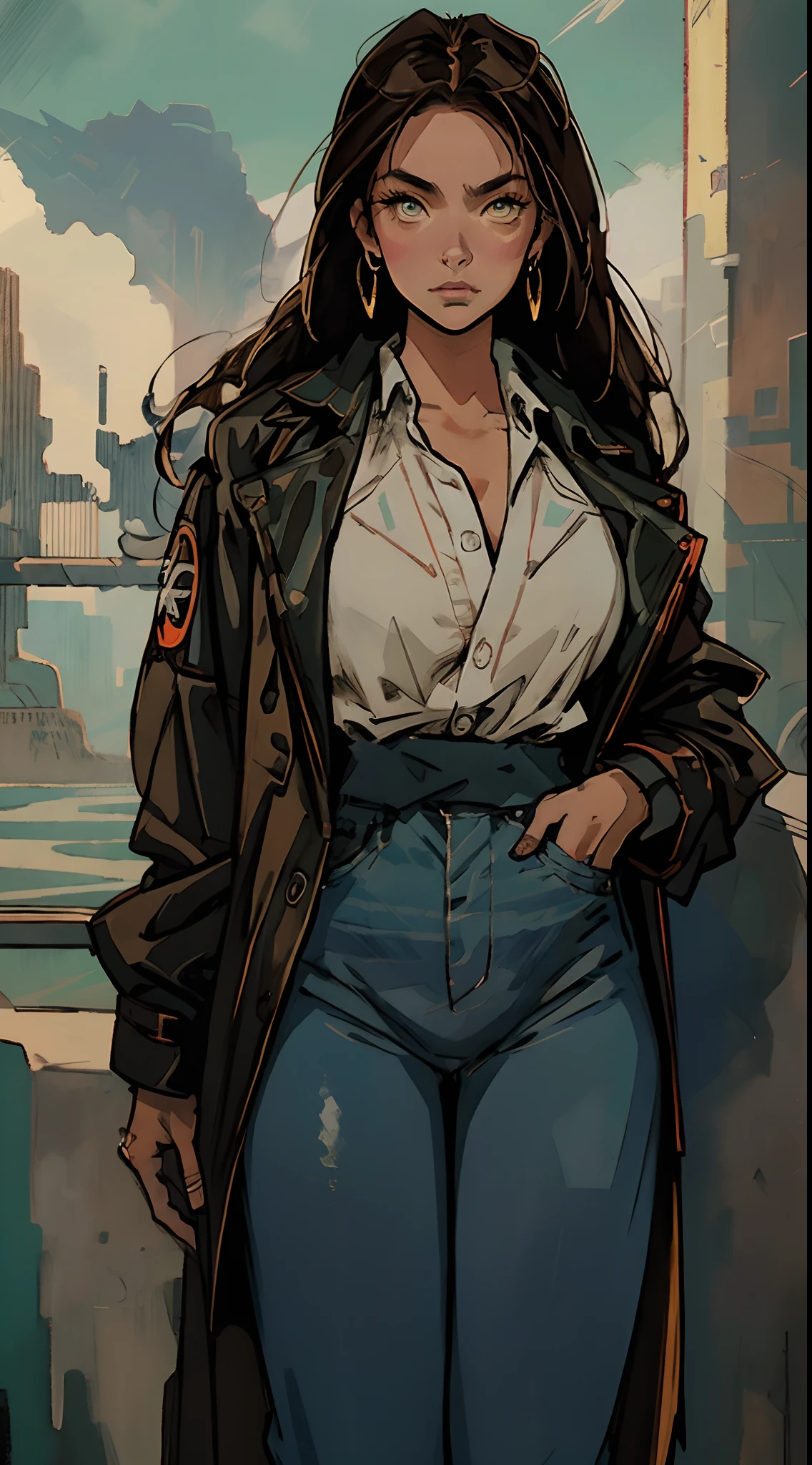 a beautiful woman with voluminous orange-brown long hair, featuring well-defined and deep facial features, her eyes emanate a resolute gaze, she is dressed in a form-fitting leather jacket and pants in shades of dark red and dark yellow, layered over her attire is a loose oversized trench coat, her movements convey an air of restlessness and unease, the character design portrays a punk-style character with a Japanese anime design, the artwork features finely detailed character design, showcasing a mature Japanese manga artistic style, ((character concept art)), high definition, best quality, ultra-detailed, extremely delicate, anatomically correct, symmetrical face, extremely detailed eyes and face, high quality eyes, creativity, RAW photo, UHD, 8k, (Natural light, professional lighting:1.2, cinematic lighting:1.5, best shadow), (masterpiece:1.5)