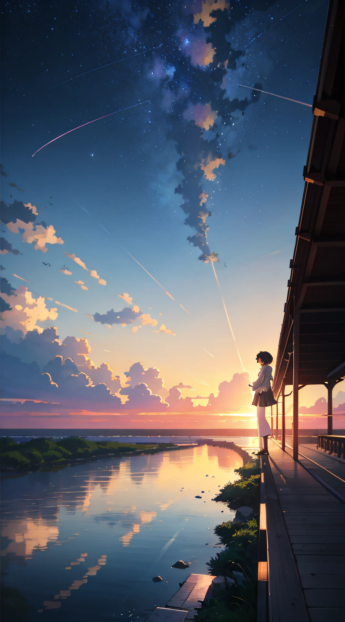 High quality masterpiece ，scenecy，Anime train passing through bodies of water on tracks， starrysky。Romantic train，pixiv，concept-art，Lofi art style，Reflectors。 by makoto shinkai, lofi art, beautiful anime scenes, Anime landscapes, Detailed scenery —width 672, in style of makoto shinkai, style of makoto shinkai，Detail enhancement。