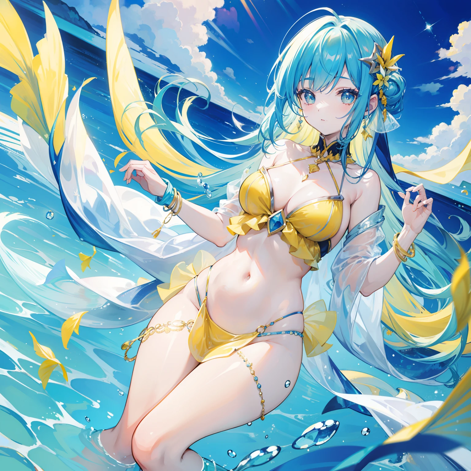 Yellow-blue hair,The yellow and blue clothes are embellished with silver jewelry,It's a cute mermaid beautiful girl
