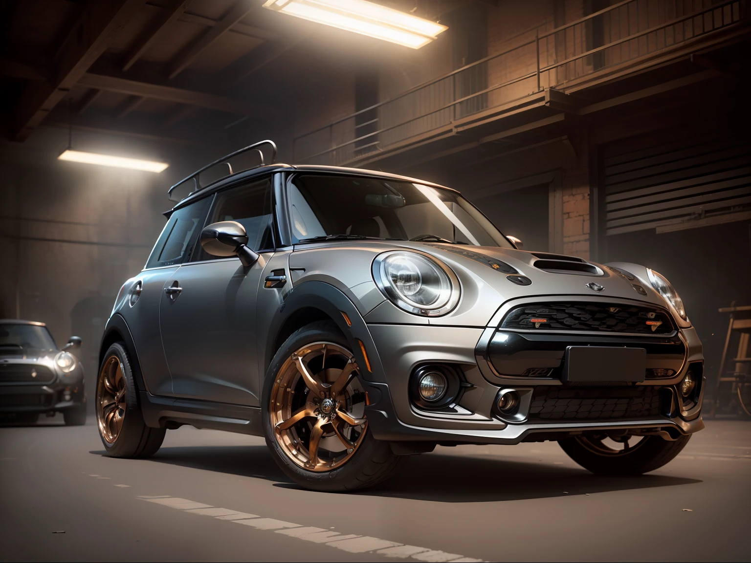 Top Quality, Ultra High Resolution, (Photorealistic: 1.4), (Grey Mini wide body: 1.3), (Mini Cooper S JCW\), two mini cooper s jcw,  Watch Audience,Contrappost, Professional Lighting, Futuristic,  supergt,super wide angle. Generate an ultra-high definition image capturing a wide view of a R53 Mini Cooper S seamlessly fused with intricate steampunk details in a captivating steampunk theme. Utilize advanced wide-angle photography to encompass both the commanding presence of the car and the mesmerizing complexity of the steampunk embellishments. Position the camera strategically to emphasize the car's powerful stance, utilizing a lower angle to accentuate its dynamic lines and curves. Implement soft, diffused lighting to bring out the steampunk details, casting dramatic shadows that enhance the texture and depth of the metalwork. Experiment with depth of field techniques, employing a moderately wide aperture to ensure the car remains the central focus while allowing the steampunk elements to be sharply defined, creating a harmonious visual balance. Enhance the color palette to evoke the rich and warm tones synonymous with steampunk aesthetics, infusing a sense of antiquated charm into the image. Employ advanced lighting techniques to highlight the intricate gears, cogs, and pipes that adorn the muscle car, emphasizing the fusion of classic and futuristic elements. Capture the image against an industrial backdrop or within a setting reminiscent of a steampunk world, adding an immersive layer of narrative to the scene. Implement post-processing adjustments to enhance clarity, contrast, and color saturation, ensuring every detail, from the muscle car's gleaming surface to the mesmerizing intricacies of the steampunk embellishments, is rendered with breathtaking precision. Ultimately, create an image that transports viewers into a captivating steampunk realm, where raw power harmonizes with intricate