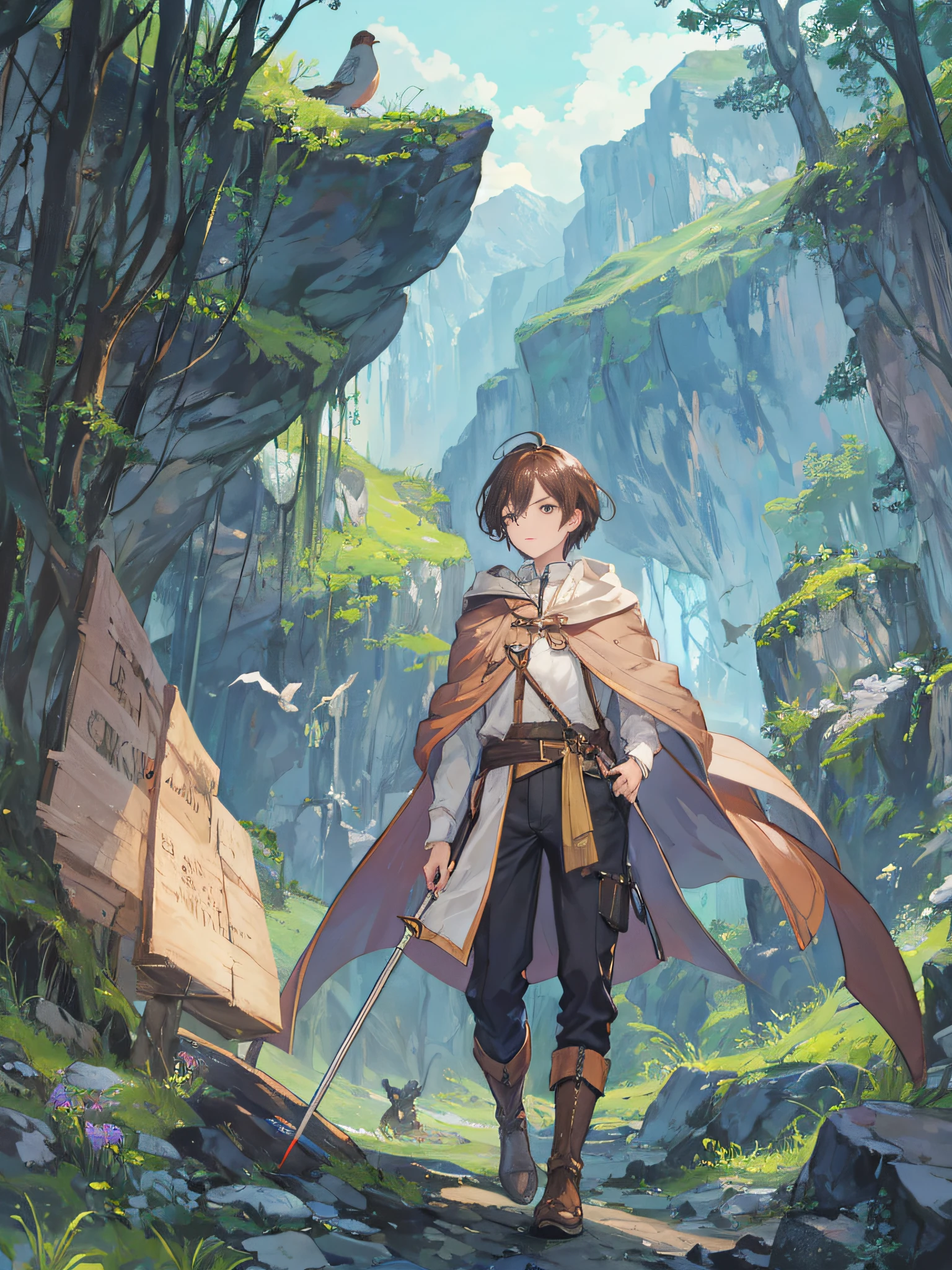 1man, Brown hair,short-hair,cloth clothes,cloaks,trouser,long boots,uses magic,Holding a large magic wand in your hand,Standing on the mountainside,The expression is calm and、、、Surrounded by green and blue、There is bird singing、Relax and enjoy the surrounding nature。adventurer,Fantasy worldview,Although it will be like anime style、No frame