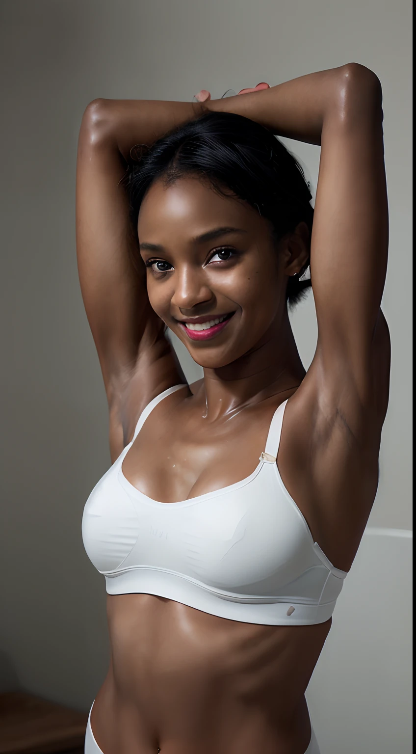((Darkest skin than in the photo!!、Armpit、Black armpit、Glossy blackest armpits oiled under the armpits!、 Pitch black skin like a black man!、Pitch black armpit skin!、Realistic armpit wrinkles、Glossy armpits、improve the appearance of armpits、Armpit、Take a pose with armpits visible、Full body close-up、Armpit close-up、Detailed black shiny armpits、Realistic black shiny armpits、Sweaty and glowing body、Detailed armpit wrinkles、full of sweat、Black detailed black armpits、Very black skin color、Caucasian and half-very dark-skinned woman、Black skin beauty、Black skin、Glossy armpits、Stand in the woods and show your armpits、Dark-skinned woman in white underwear, Smiling))、(Short hairstyle、Caucasian and very black dark-skinned woman、8K、Caucasians with very dark skin)、Underwear models,, White bra、White panty、, 2 0 、Women with the darkest skin))、Photorealistic perfect body、Armpit pose is standing normally、closeup picture, Best Quality, Armpits, Arms up, White bra、 at a forest、short-haired、Realistic, 8K、Glossy armpits、glowy skin