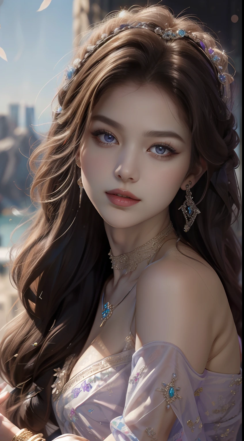 tmasterpiece，Highest image quality，A beautiful bust of a noble maiden，Delicate braided hair，Violet eyes are clear，Embellished with a dazzling array of exquisite jewelry（head gear，choker necklace，耳Nipple Ring，Bracelet or bracelet），Soft light，super detailing，upscaled。