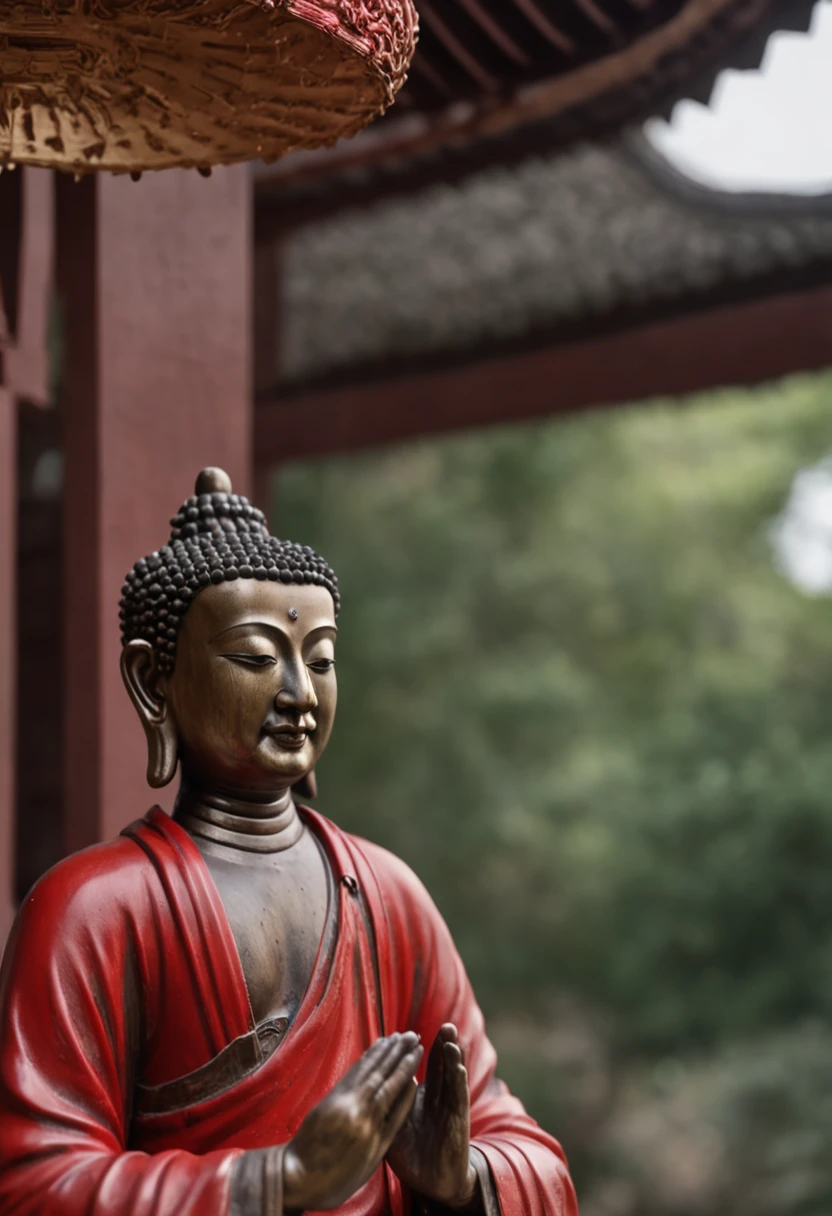 A small Taoist priest stands in front of a transparent red Buddha statue,Stretch your hands,Glow effects,Dingdall effect,depth of fields,high light,Real light,Ray traching,oc rendered,Hyper-realistic,best qualtiy,8K,Works of masters,super-fine,Detailed pubic hair,Correct anatomy,sharp focus on eyes,Bokeh,Facial features are carefully depicted