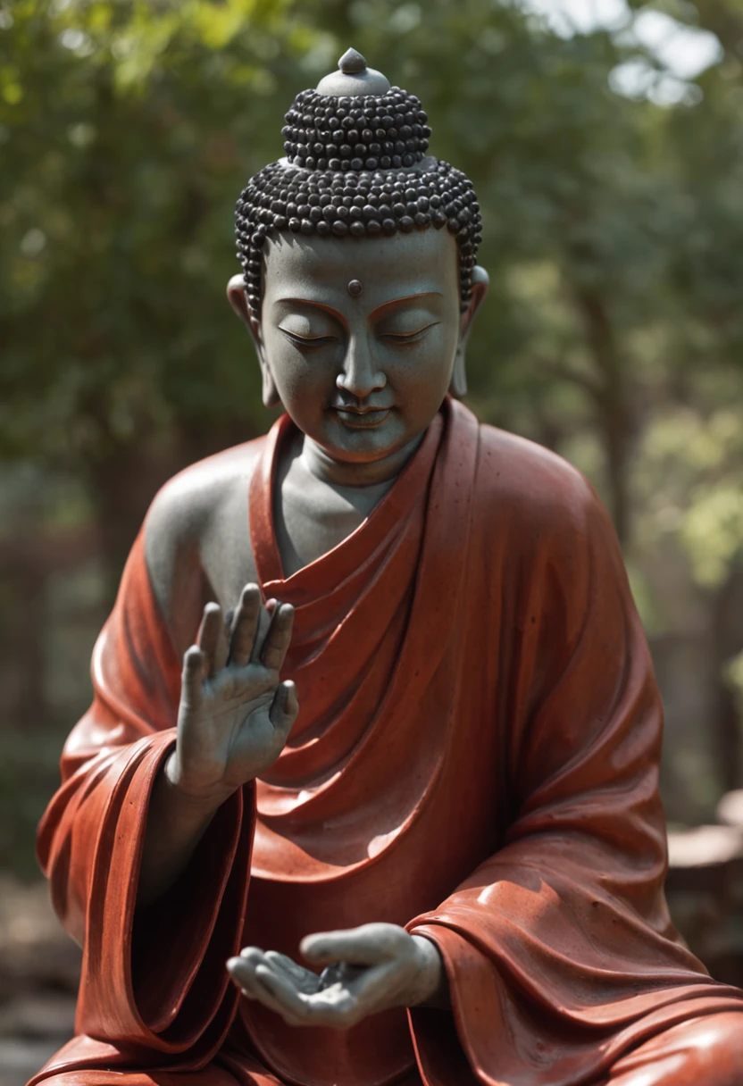 A small Taoist priest stands in front of a transparent red Buddha statue,Stretch your hands,Glow effects,Dingdall effect,depth of fields,high light,Real light,Ray traching,oc rendered,Hyper-realistic,best qualtiy,8K,Works of masters,super-fine,Detailed pubic hair,Correct anatomy,sharp focus on eyes,Bokeh,Facial features are carefully depicted