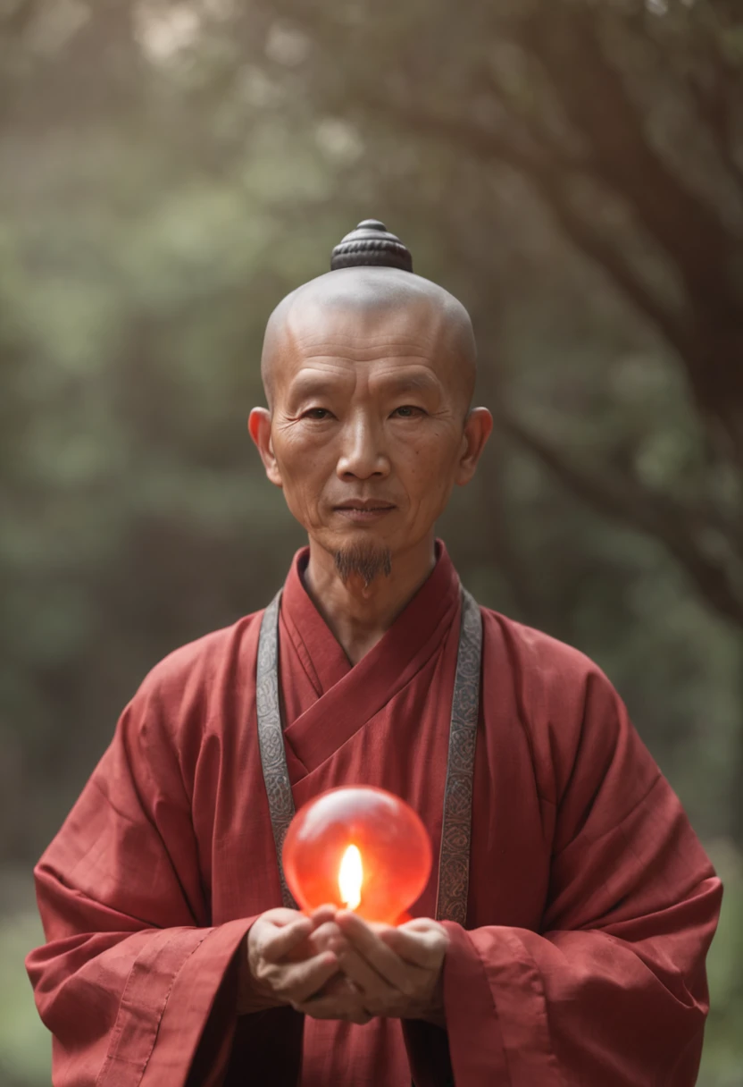 A small Taoist priest stands in front of a transparent red Buddha statue，Stretch your hands，Glow effects，Dingdall effect，depth of fields，high light，Real light，Ray traching，oc rendered，Hyper-realistic，best qualtiy，8K，Works of masters，super-fine，Detailed pubic hair，Correct anatomy，sharp focus on eyes，Bokeh，Facial features are carefully depicted