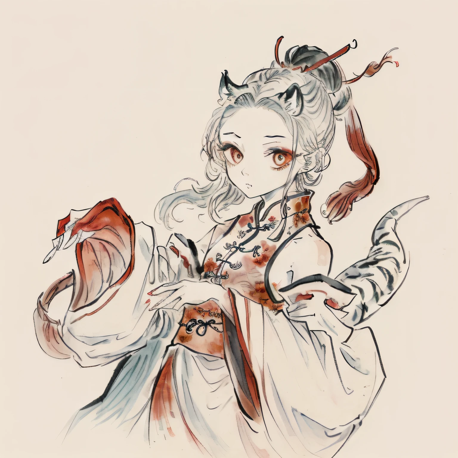 colorful painting, ((chinese colorful ink)), (((Chinese color ink painting style))), (((masterpiece))), (((best quality))),((Ultra-detailed, very precise detailed)),
(((a charming Chinese girl,1girl,solo,delicate beautiful face))), (Floating),(illustration),(Amazing),(Absurd),((sharp focus)), ((extremely detailed)), ((high saturation)), (surrounded by color ink splashes),((extremely detailed body)),((colorful))
It can be changed to another animal, such as a tiger（white tiger）,drak（chinese dragon）or something like that，But unstable，Resolution 512×512 The rendering quality is good，But pulling up sometimes has surprises
Blue is the more important color ink，If you want to experiment with style, try adding a plus
The inside of the green color can be replaced with fire or water for surprises，Of course, you can change to another one, but I haven't tried it
Some recommend adding tags:  
Clouds colorful ink cloud, 
Oriental Chinese mythological architecture，（DDIM is available）
Chinese clothing and hidden hands
(((full body but Arms in sleeves))), ((Red traditional Chinese ethnic gown))
Zombie Girl：
(((little girl, solo, Jiangshi girl, Chinese vampire, canines,1girl,delicate beautiful face, Chinese Charms on the forehead )))
