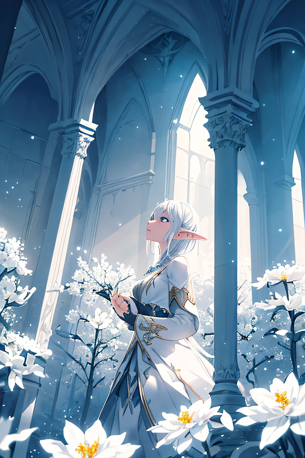 Imagine a stunning masterpiece capturing the essence of a solitary elf adventurer. Set in a field of white flowers, the scene is bathed in soft, cinematic lighting. Using a dutch angle, create a dynamic composition that exudes a sense of wonder and mystery. Enhance the magical ambiance with volumetric lighting and sunbeams, while adding a touch of fantasy with subtle rim lighting. Finally, sprinkle the scene with sparkling glitter and mystical elements to transport viewers into a realm of enchantment