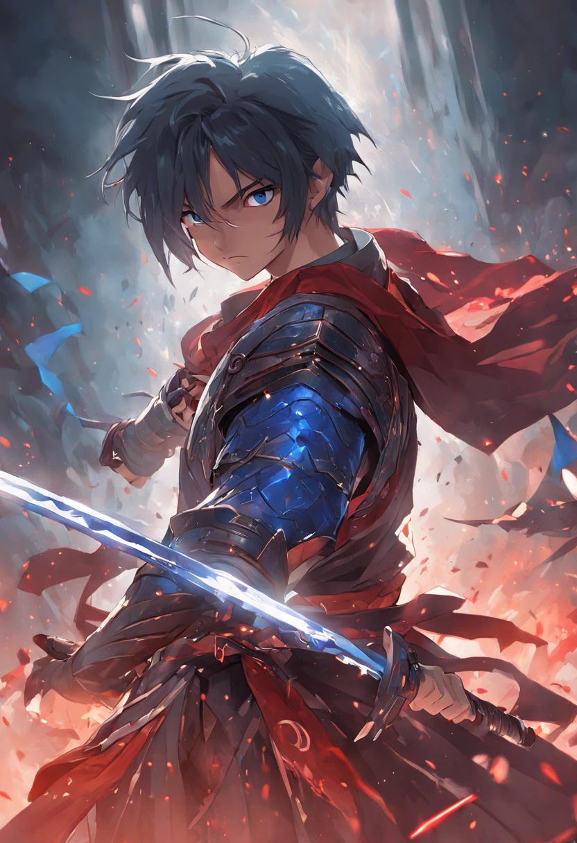 A reloaded swordsman，Extra-thick armor wraps the whole body，A giant sword with both hands on the ground，The blue spinning sword qi overflowed，，Blood，depth of fields，dynamic blur，high light，Real light，Ray traching，oc rendered，Hyper-realistic，best qualtiy，8K，Works of masters，super-fine，Detailed pubic hair，Correct anatomy，sharp focus on eyes，Bokeh，Facial features are carefully depicted
