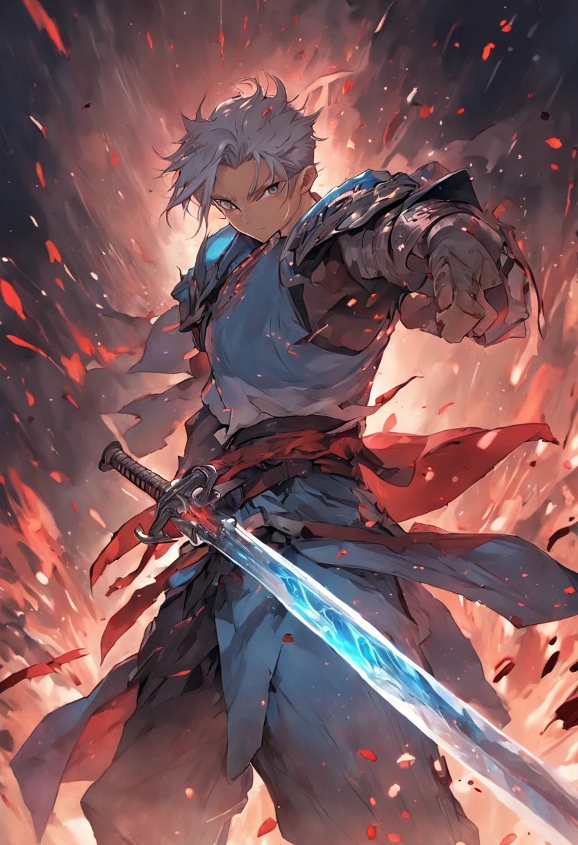 A reloaded swordsman,Extra-thick armor wraps the whole body,A giant sword with both hands on the ground,The blue spinning sword qi overflowed,,Blood,depth of fields,dynamic blur,high light,Real light,Ray traching,oc rendered,Hyper-realistic,best qualtiy,8K,Works of masters,super-fine,Detailed pubic hair,Correct anatomy,sharp focus on eyes,Bokeh,Facial features are carefully depicted