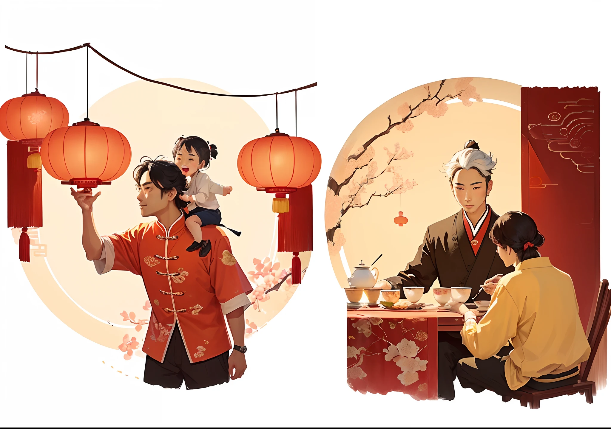 Illustration of a man and a woman eating Chinese food and drinking tea, author：Yan Hui, Chinese New Year in Shanghai, illustration”, author：Jeka Kemp, Chinese traditional, tradition, author：Inglida Juniper, Chinese painting style, inspired by Lu Guang, Illustration style, illustration!, Family, Chinese style, in the style of sachin teng, illustratio