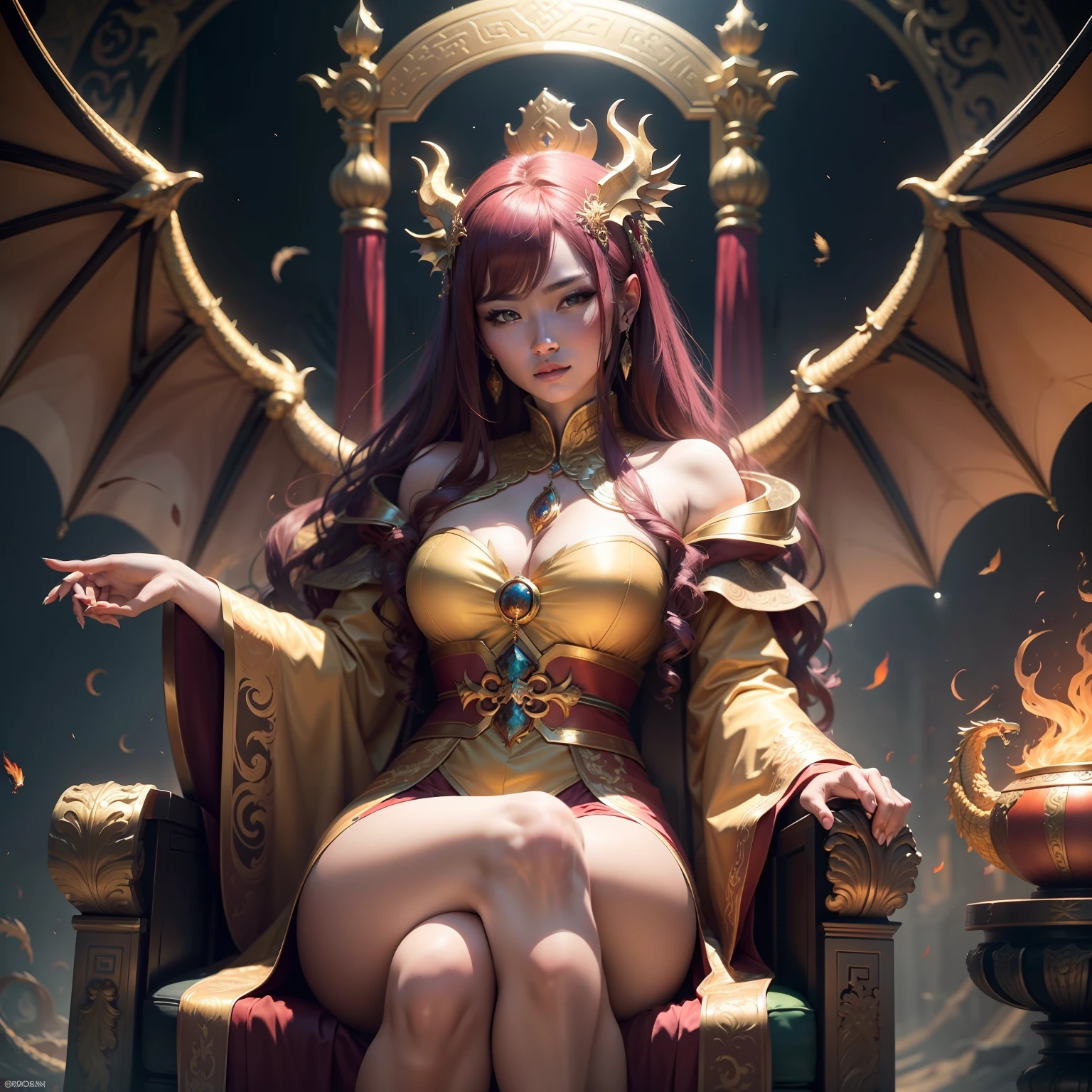 The Empress of the World sat on a golden dragon chair,Dressed in dragon robes,The surrounding dragons and phoenixes are auspicious,smooggy