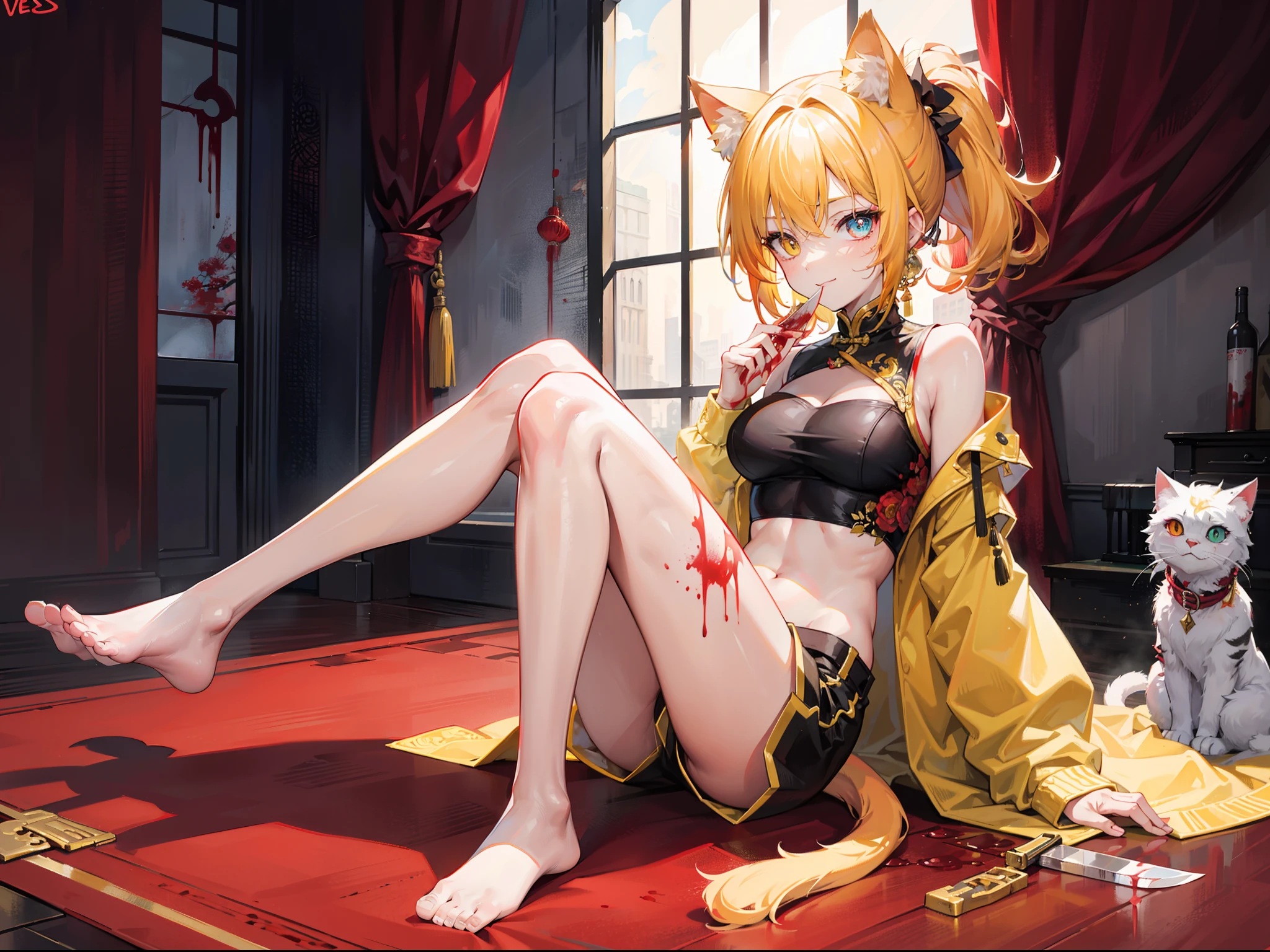 Beautiful girl with orange-yellow hair color，curlies，Short hair and high ponytail，cat ear，Beast Girl，He was dressed in bloodstained clothes, Ancient yellow and white long-sleeved training clothes，A knife hidden in clothes，open waist，Wear yellow and black shorts，White stockings stained with blood，without wearing shoes，assassins，Sunny smile，Tall and tall，at dusk at golden hour，Sitting in an ancient Chinese courtyard covered in blood，Bodies are everywhere，dark stormy clouds，China-style，huge tit，抖S，Full body photo，Extremely thin，extremely hyper，assassins，The legs are very thin，Best quality at best，High- sharpness，tmasterpiece，Holding a blood-stained short knife，His body was covered in blood，Sick，Heterochromic pupils，morbid，murderer，extremely hyper，Heterochromic pupils，being thin，Be covered in blood，Bodies are strewn across the field，blood vess，Cat demon，Long cat tail，Leprechaun，Cat woman，sit on a bed，seductiv，Raised sexy，The complexion is flushed