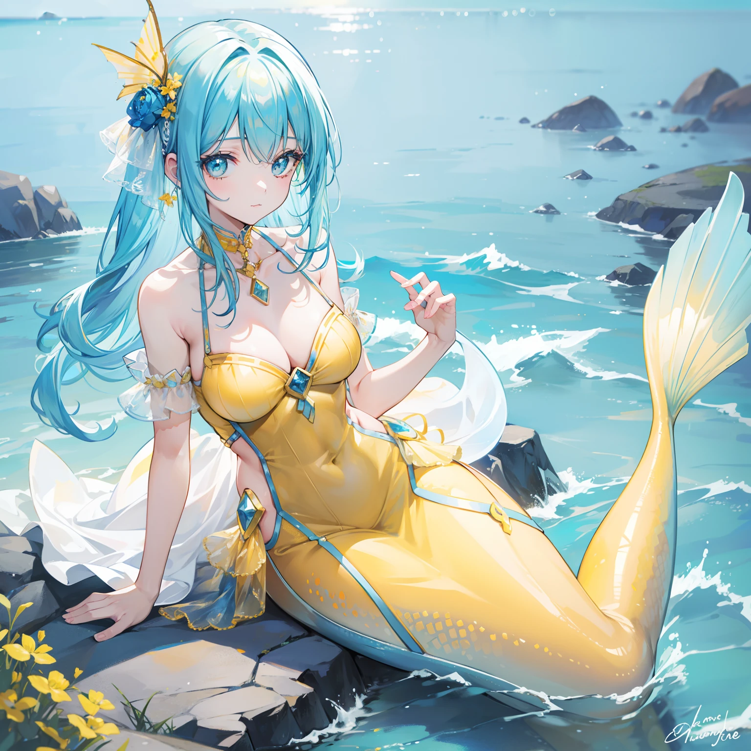 Yellow-blue hair，The yellow and blue clothes are embellished with silver jewelry，It's a cute mermaid beautiful girl