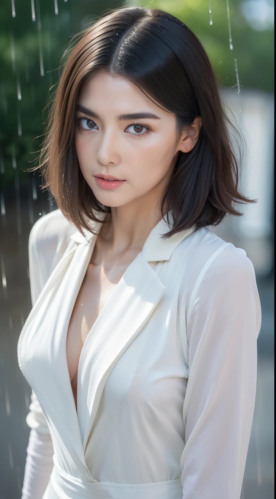 ((Bestquality, 8k, a masterpiece:1.3)), Focus:1.2, Perfect body beauty:1.4, buttocks:1.2, ((Cut hair in layers, Normal chest:1.2)), , (Rain, Street:1.3), JK dress:1.1, Highly detailed facial and skin texture, Detailed Eyes, Double eyelidd,Whiten skin,length hair,(Round face:1.5)