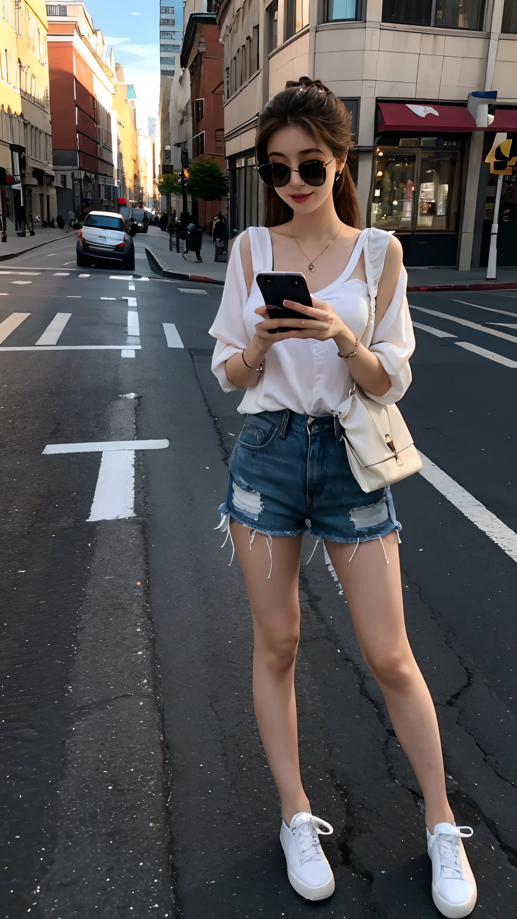 Beautiful woman, fiddling with cell phone in the middle of the street, short clothes
