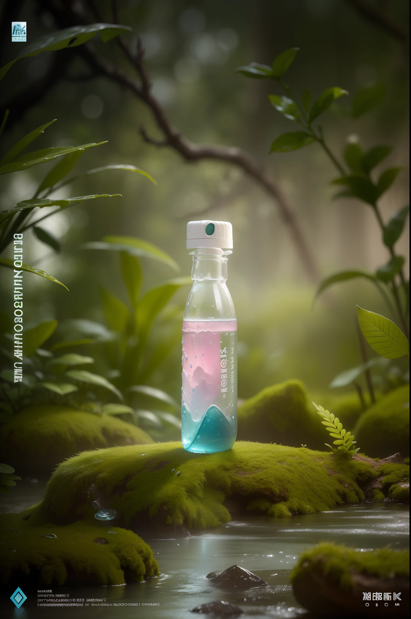 There was a bottle of water sitting on a mossy surface, Pink big breasts、Blue and green mist, Product photography, Product photography 4 K, Professional product photography, commercial product photography, dramatic product photography, professional product shot, high qualityProduct photography, miniature product photo, professional product photo, product design shot, products shot, ethereal opalescent mist, Water mist