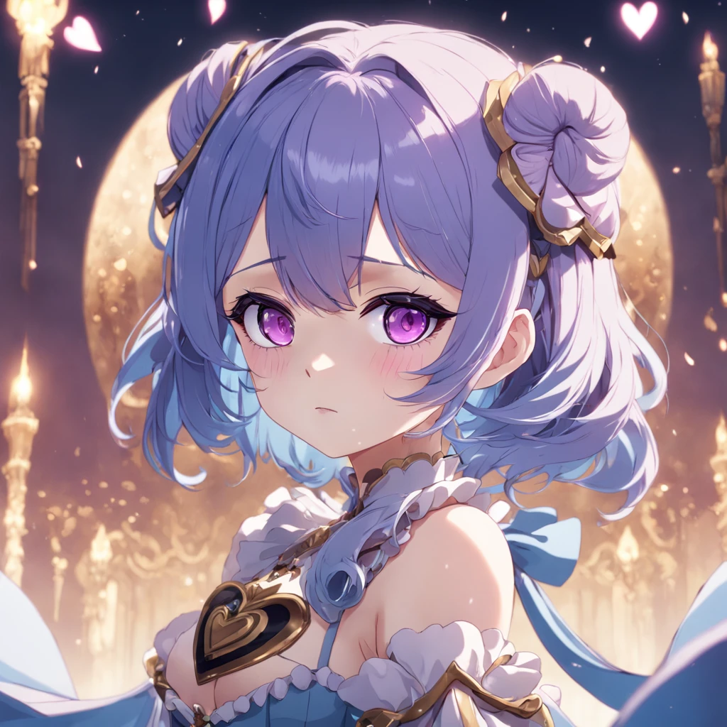 blue hair, heart-shaped pupils, purple eyes, shy, anime, rococo style, sparkle, UHD, high details