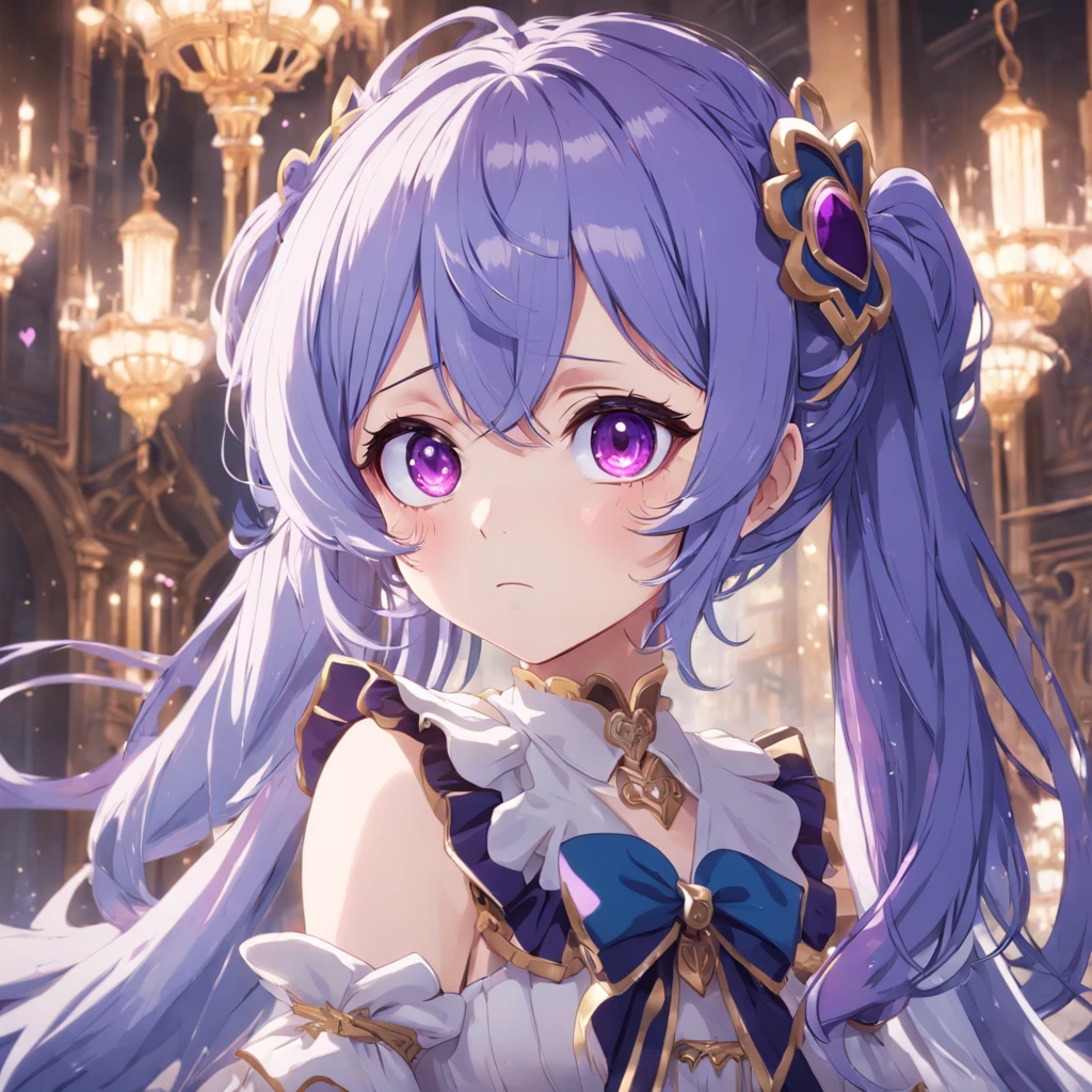blue hair, heart-shaped pupils, purple eyes, shy, anime, rococo style, sparkle, UHD, high details