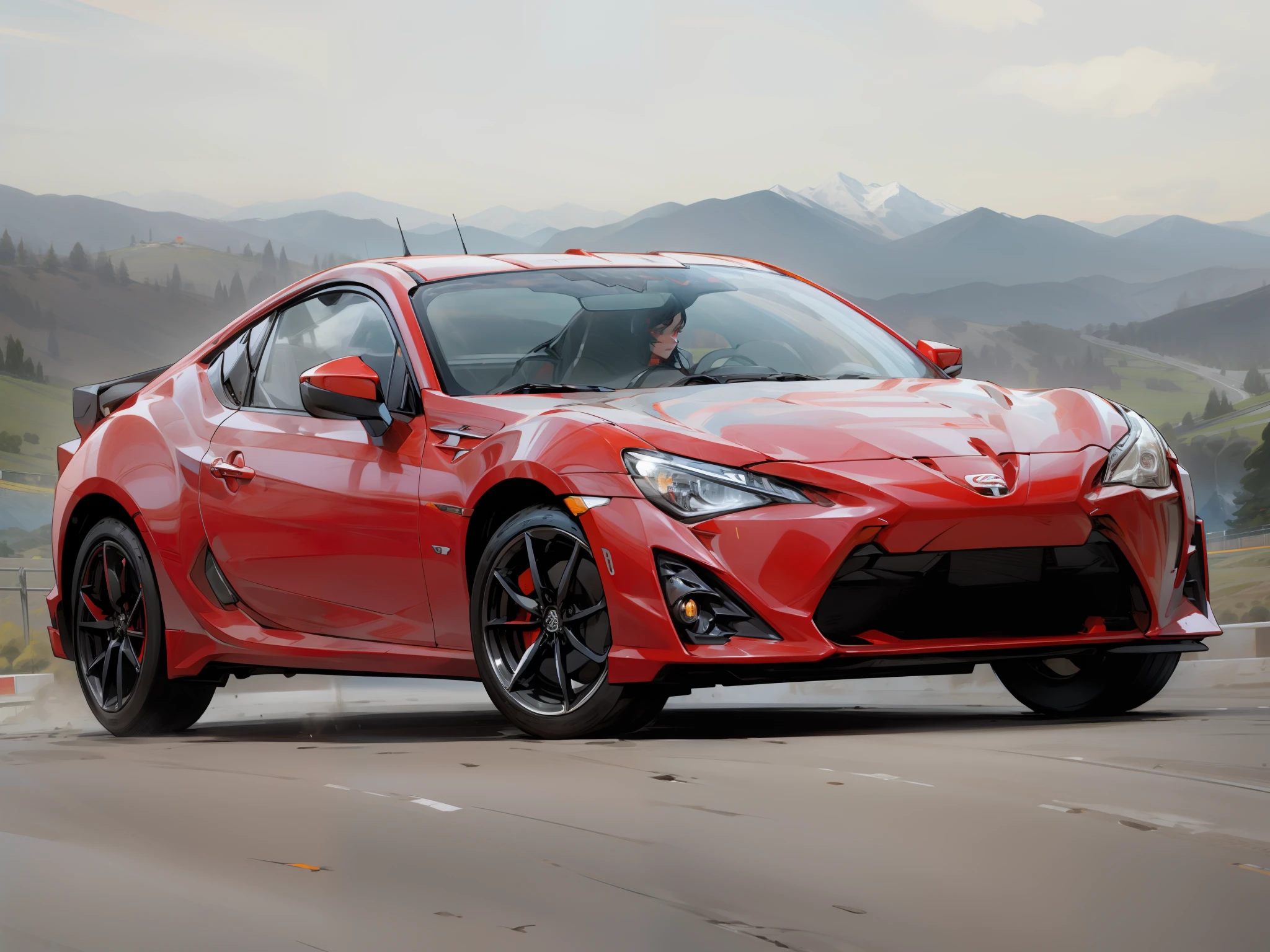 Red sports car driving on the road with mountains in the background, Toyota 86, sportscar, full view of a sport car, high quality picture, sportscar, full front view, versatile, 80s red sports car, subtle details, red car, sportscar, Front Angle, very intricate, accurate and detailed, 3/4 front view, dominating red color