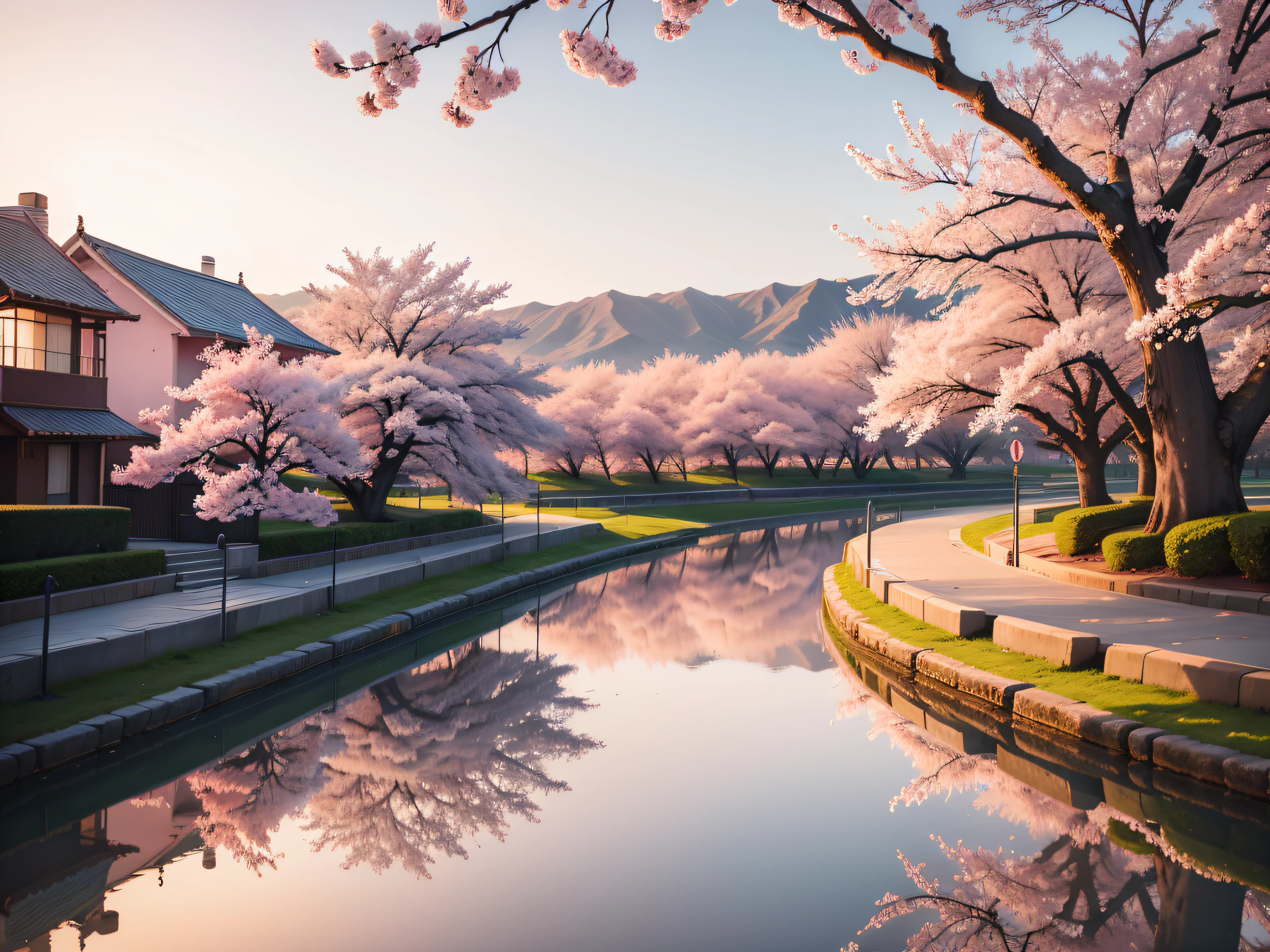 Blossoming Cherry Blossoms: Delicate pink cherry blossoms in full bloom against a soft pastel sky, evoking a sense of fleeting beauty and the arrival of spring.