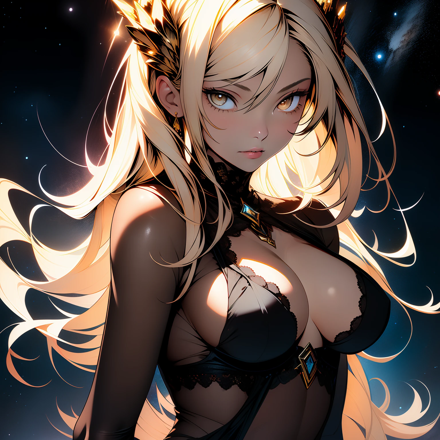 (masterpiece, best quality), (detailed face and eyes) (full-body shot) Power from chainsawman, beautiful girl, (detailed beautiful eyes) underwear, Her eyes shine like constellations、Its body mimics the structure of a galaxy, full body shot, long blonde hair, yellow eyes, big breasts, visible bellybutton