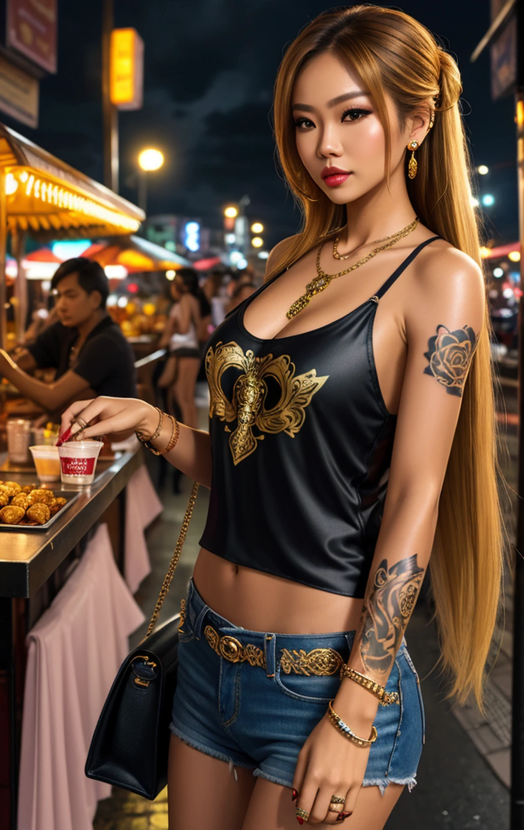 beautiful thai hooker ,loose top, ,brown hair, ,,straight long hair , bangkok, street, versace, grinning, dark clouds,toned fit body, short stature,lights, refelctions, night clubs, wet ground, (pink top) ,looking away from viewer, looking away from camera, checkered skirt, low contrast,school girl skirt, ultra short skirt,very skinny, slim girl, exposed cleavage,breasts, hair tied back,full arm tattoo,walking , chest tattoo, open bars, street food, medium breasts, full body portrait, jewellery, detailed face, exclusive clothing,,,high heels