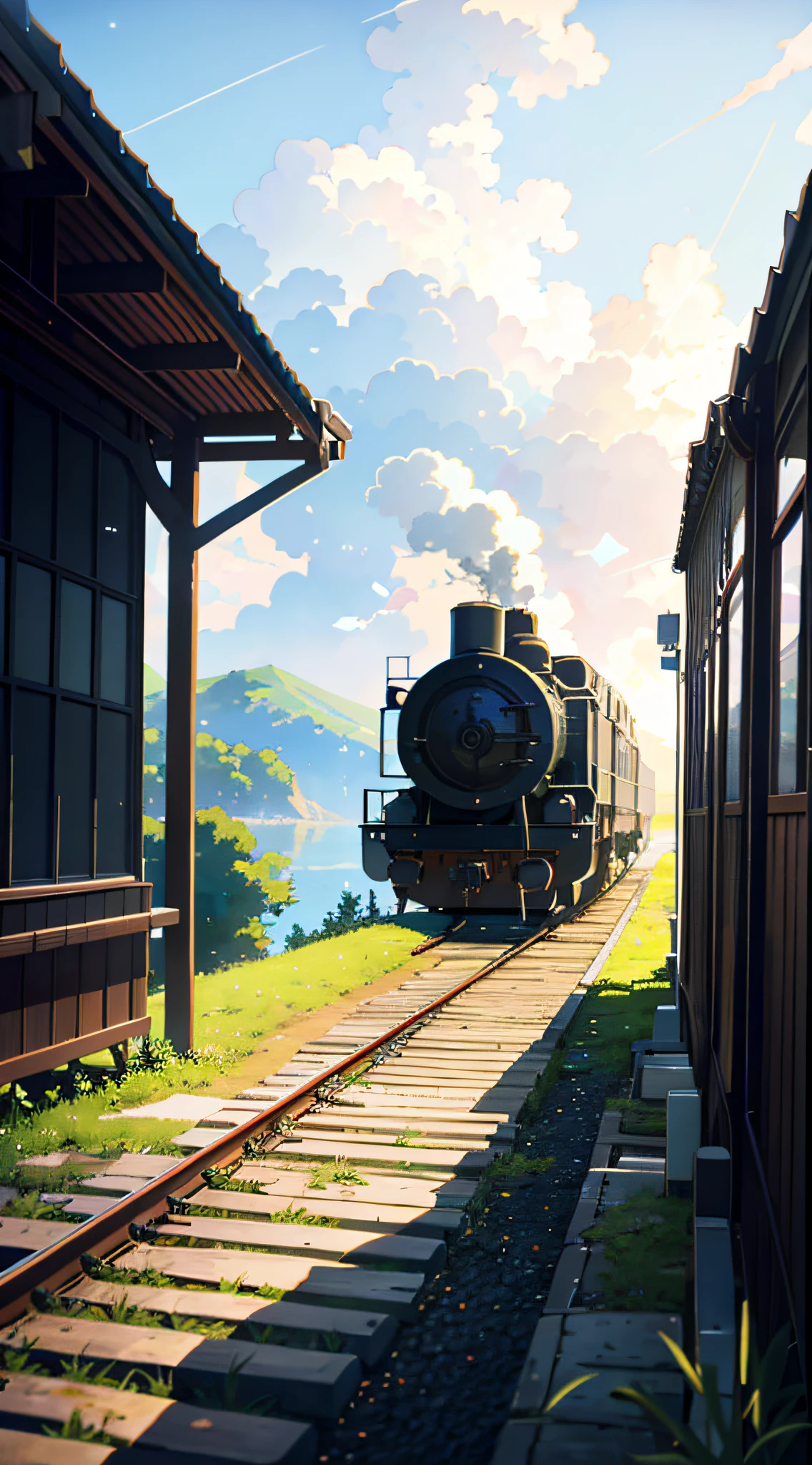 High quality masterpiece ，scenecy，Anime train passing through bodies of water on tracks， starrysky。Romantic train，pixiv，concept-art，Lofi art style，Reflectors。 by makoto shinkai, lofi art, beautiful anime scenes, Anime landscapes, Detailed scenery —width 672, in style of makoto shinkai, style of makoto shinkai，Detail enhancement。