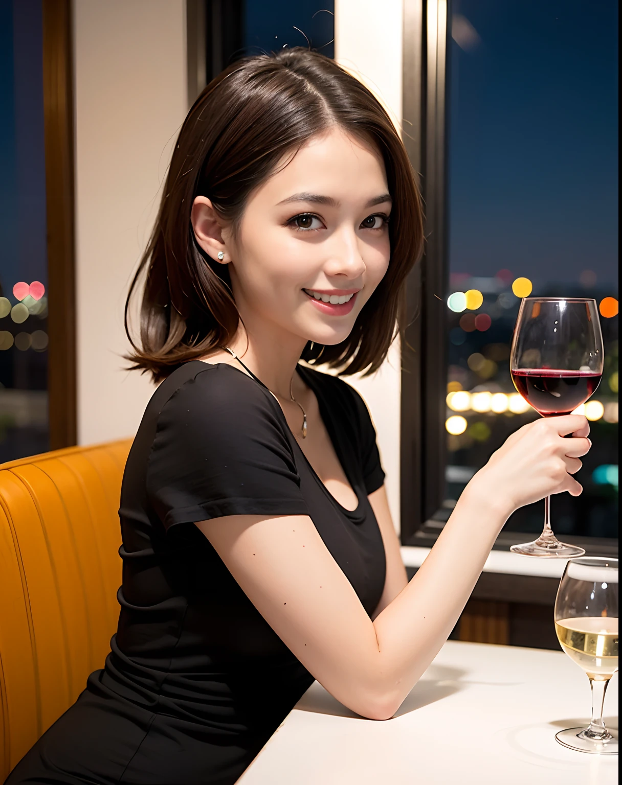 (64K, UHD, top quality, masterpiece: 1.2), (realistic, photorealistic: 1.37), super detailed, pretty woman 1 person, (slim face), (slim body), (brown hair), (short cut), cheeks slightly blushing, (44 years old), 38 years old, solo, beautiful detailed urban night view outside the window, restaurant, wine glasses sit, at night, in a prominent placeNovaFrogStyle, Actress, Model, Waist Up, White Wine, Slim, Wine Glass, Super Clean Night View, Wine Glass Put in the Middle, Happy Smile, (Smile: 1.15), Beautiful Fine Eyes, Upper Body, Bust Japan Up, Night, Short, Short, Actress, Model, Waist Up, White Wine, Slim, Wine Glass, Super Clean Night View, Wine Glass Put in the Middle, Happy Smile,