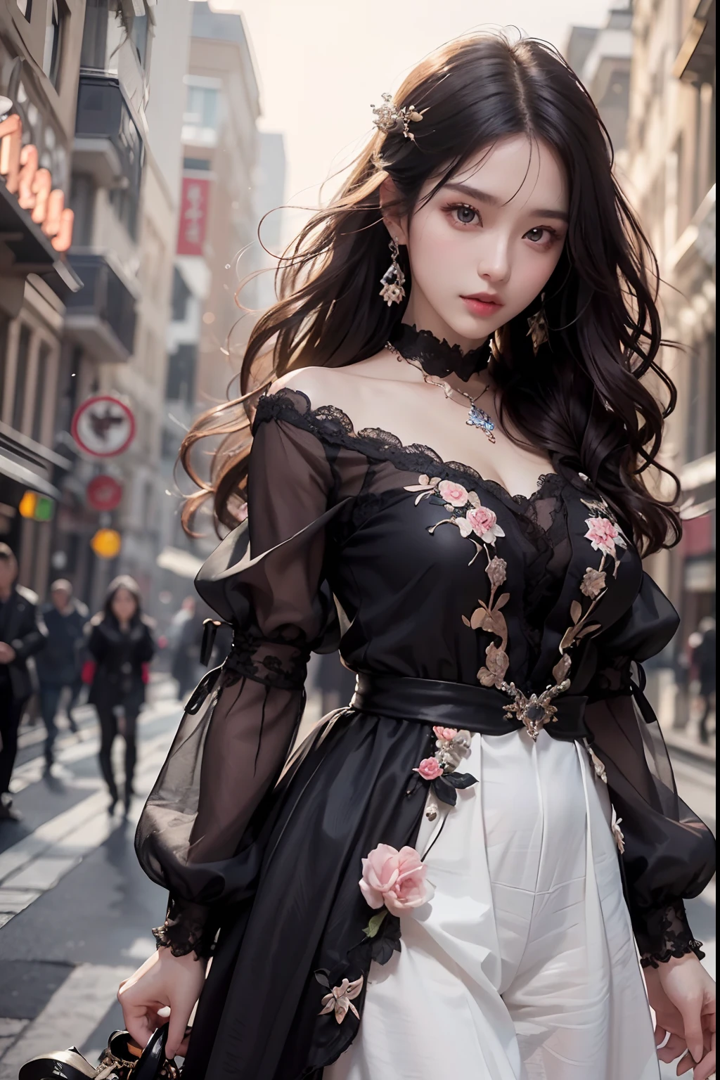 (top-quality、8K、masterpiece:1.3)、foco nítido:1.2、Photorealsitic、hight resolution、Woman with perfect style:1.4、high detailed skin texture、独奏、Seductive and bewitching、33yo、clear double eyelids、dark brown eyes、very detailed lips、(extremely detailed eye:1.2)、(extra detailed face:1.2)、(Very beautiful eyes:1.2)、(Extremely beautiful face:1.2)、Ridiculous, unbelievable Ridiculous、absurderes、Middle hair、Wavy Hair、dark brown hair、(Looking at the camera、face lights)、(soft side lighting:0.9)、Shooting Lighting、((Focus on the subject、Blur the background))、Full body like