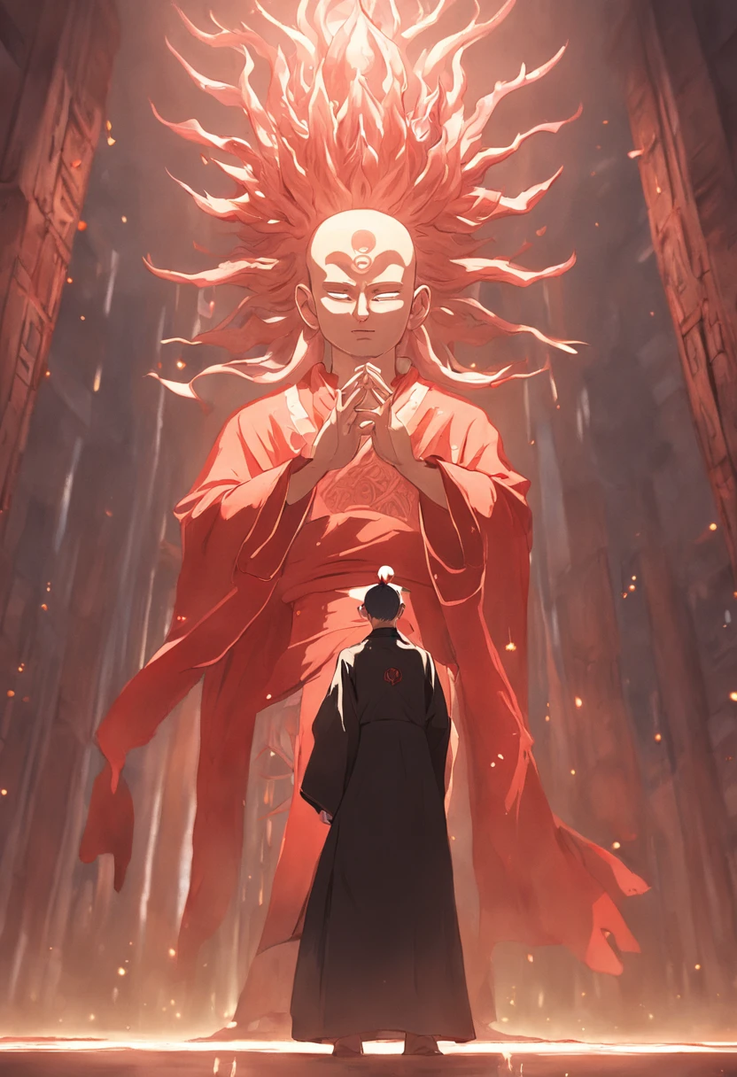 A small Taoist priest stands in front of a transparent red Buddha statue,Stretch your hands,Glow effects,Dingdall effect,depth of fields,high light,Real light,Ray traching,oc rendered,Hyper-realistic,best qualtiy,8K,Works of masters,super-fine,Detailed pubic hair,Correct anatomy,sharp focus on eyes,Bokeh,Facial features are carefully depicted