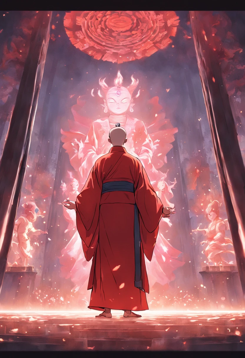 A small Taoist priest stands in front of a transparent red Buddha statue，Stretch your hands，Glow effects，Dingdall effect，depth of fields，high light，Real light，Ray traching，oc rendered，Hyper-realistic，best qualtiy，8K，Works of masters，super-fine，Detailed pubic hair，Correct ???????，sharp focus on eyes，Bokeh，Facial features are carefully depicted