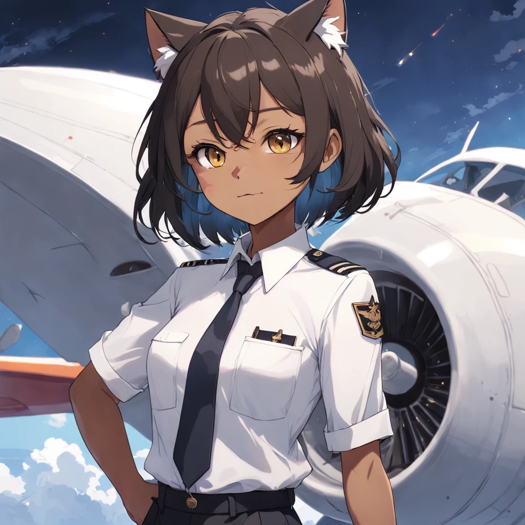 1girl, short black bob hair, yellow eyes, Round glasses, tan skin,dark skin ,BROWN SKIN, SHE HAS LIGHT BROWN SKIN, ite body, wearing plain white formal work shirt, wearing long black pants, business tie, absurdres, high res, ultrasharp, 8k, masterpiece, looking at viewer, cat ears, airline pilot uniform, airline pilot hat, white background, short sleeve, bangs, flat chest, whiskers, androgynous, she has cat ears on her head, she has cat teeth, cloudy background, holding pet black cat, smiling