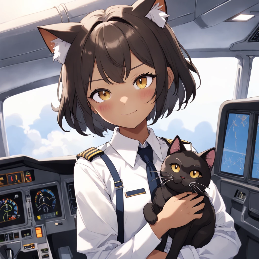 1girl, short black bob hair, yellow eyes, Round glasses, tan skin,dark skin ,BROWN SKIN, SHE HAS LIGHT BROWN SKIN, ite body, wearing plain white formal work shirt, wearing long black pants, business tie, absurdres, high res, ultrasharp, 8k, masterpiece, looking at viewer, cat ears, airline pilot uniform, airline pilot hat, white background, short sleeve, bangs, flat chest, whiskers, androgynous, she has cat ears on her head, she has cat teeth, cloudy background, holding pet black cat, smiling