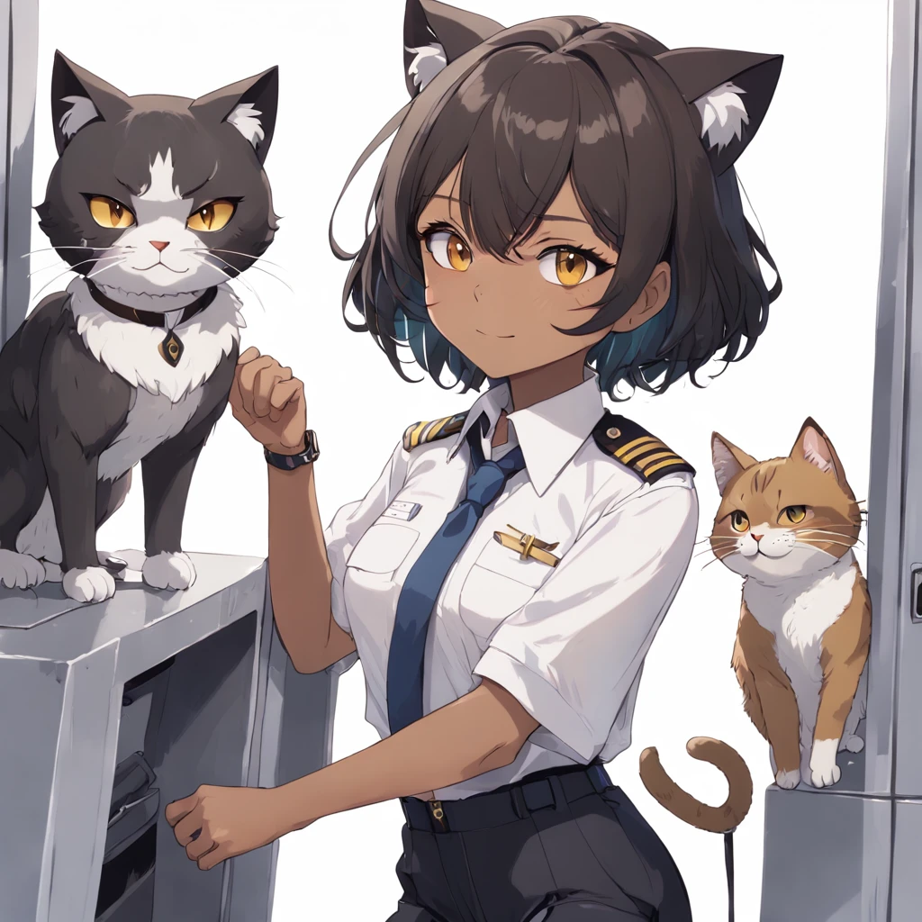 1girl, short black bob hair, yellow eyes, Round glasses, tan skin,dark skin ,BROWN SKIN, SHE HAS LIGHT BROWN SKIN, petite body, wearing plain white formal work shirt, wearing long black pants, business tie, absurdres, high res, ultrasharp, 8k, masterpiece, looking at viewer, cat ears, airline pilot uniform, airline pilot hat, white background, short sleeve, bangs, flat chest, whiskers, androgynous, she has cat ears on her head, she has cat teeth, cloudy background, holding pet black cat, smiling
