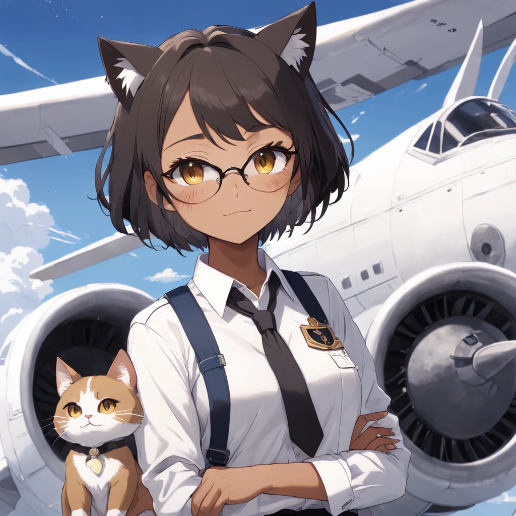 1girl, short black bob hair, yellow eyes, Round glasses, tan skin,dark skin ,BROWN SKIN, SHE HAS LIGHT BROWN SKIN, petite body, wearing plain white formal work shirt, wearing long black pants, business tie, absurdres, high res, ultrasharp, 8k, masterpiece, looking at viewer, cat ears, airline pilot uniform, airline pilot hat, white background, short sleeve, bangs, flat chest, whiskers, androgynous, she has cat ears on her head, she has cat teeth, cloudy background, holding pet black cat, smiling
