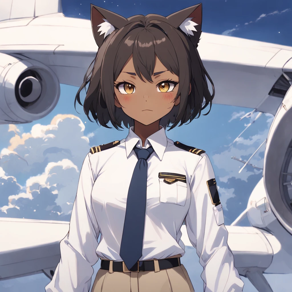 1girl, short black bob hair, yellow eyes, Round glasses, tan skin,dark skin ,BROWN SKIN, SHE HAS LIGHT BROWN SKIN, petite body, wearing plain white formal work shirt, wearing long black pants, business tie, absurdres, high res, ultrasharp, 8k, masterpiece, looking at viewer, cat ears, airline pilot uniform, airline pilot hat, white background, short sleeve, bangs, flat chest, whiskers, androgynous, she has cat ears on her head, she has cat teeth, cloudy background, holding pet black cat, smiling