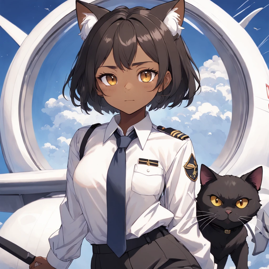 1girl, short black bob hair, yellow eyes, Round glasses, tan skin,dark skin ,BROWN SKIN, SHE HAS LIGHT BROWN SKIN, petite body, wearing plain white formal work shirt, wearing long black pants, business tie, absurdres, high res, ultrasharp, 8k, masterpiece, looking at viewer, cat ears, airline pilot uniform, airline pilot hat, white background, short sleeve, bangs, flat chest, whiskers, androgynous, she has cat ears on her head, she has cat teeth, cloudy background, holding pet black cat, smiling