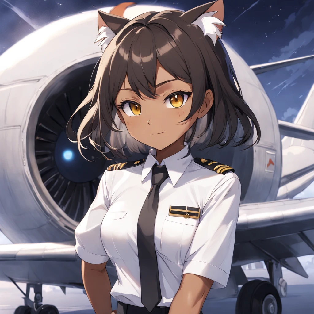 1girl, short black bob hair, yellow eyes, Round glasses, tan skin,dark skin ,BROWN SKIN, SHE HAS LIGHT BROWN SKIN, petite body, wearing plain white formal work shirt, wearing long black pants, business tie, absurdres, high res, ultrasharp, 8k, masterpiece, looking at viewer, cat ears, airline pilot uniform, airline pilot hat, white background, short sleeve, bangs, flat chest, whiskers, androgynous, she has cat ears on her head, she has cat teeth, cloudy background, holding pet black cat, smiling