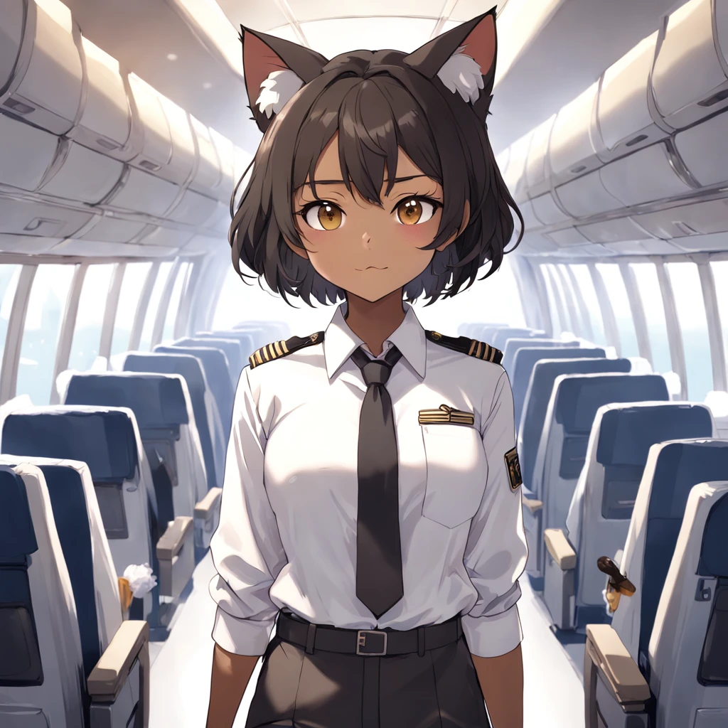 1girl, short black bob hair, yellow eyes, Round glasses, tan skin,dark skin ,BROWN SKIN, SHE HAS LIGHT BROWN SKIN, petite body, wearing plain white formal work shirt, wearing long black pants, business tie, absurdres, high res, ultrasharp, 8k, masterpiece, looking at viewer, cat ears, airline pilot uniform, airline pilot hat, white background, short sleeve, bangs, flat chest, whiskers, androgynous, she has cat ears on her head, she has cat teeth, cloudy background, holding pet black cat, smiling