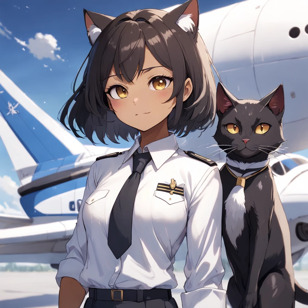 1girl, short black bob hair, yellow eyes, Round glasses, tan skin,dark skin ,BROWN SKIN, SHE HAS LIGHT BROWN SKIN, petite body, wearing plain white formal work shirt, wearing long black pants, business tie, absurdres, high res, ultrasharp, 8k, masterpiece, looking at viewer, cat ears, airline pilot uniform, airline pilot hat, white background, short sleeve, bangs, flat chest, whiskers, androgynous, she has cat ears on her head, she has cat teeth, cloudy background, holding pet black cat, smiling