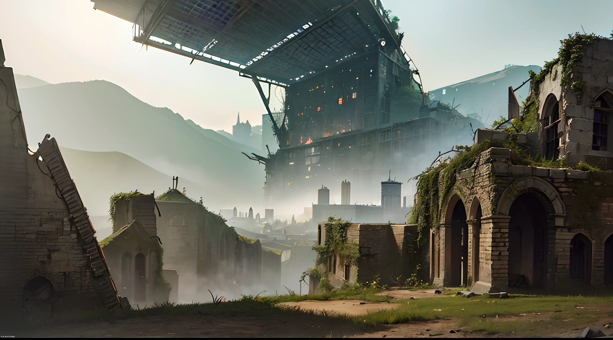 methurlant, (a group of soldiers:1.2) is lost inside the entrails of a mountain-sized decrepit cathedral in a post-apocalyptic world, (lost inside city ruins:1.3), cliffs and canyons made of buildings, claustrophobia, intricate, adventure, sky is blocked by tallbuildings, surreal, gritty, atmospheric, cinematic, stylized, contrast, comic, eerie, cybernetic, futuristic, illustration, artwork, highly detailed, city,