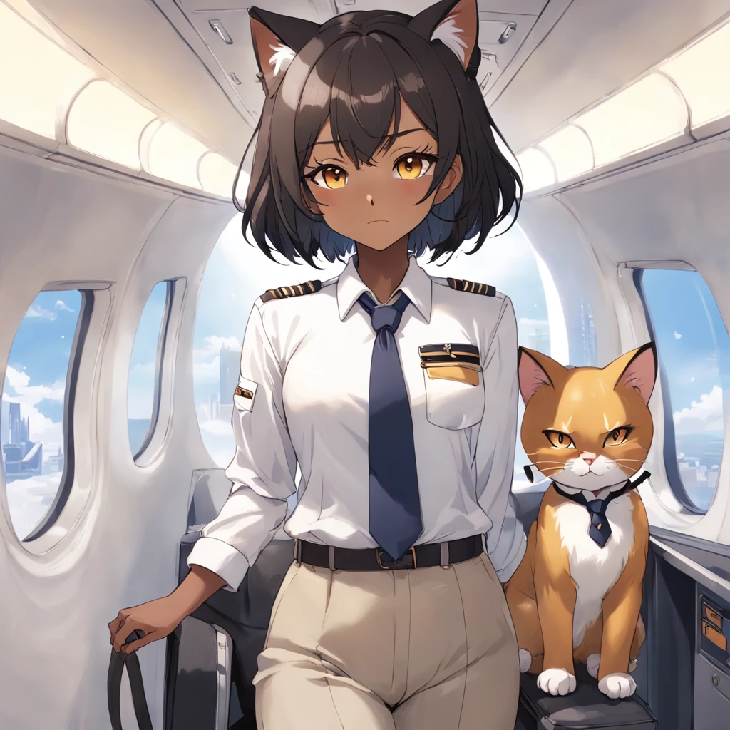 1girl, short black bob hair, yellow eyes, Round glasses, tan skin,dark skin ,BROWN SKIN, SHE HAS LIGHT BROWN SKIN, petite body, wearing plain white formal work shirt, wearing long black pants, business tie, absurdres, high res, ultrasharp, 8k, masterpiece, looking at viewer, cat ears, airline pilot uniform, airline pilot hat, white background, short sleeve, bangs, flat chest, whiskers, androgynous, she has cat ears on her head, she has cat teeth, cloudy background, holding pet black cat, smiling