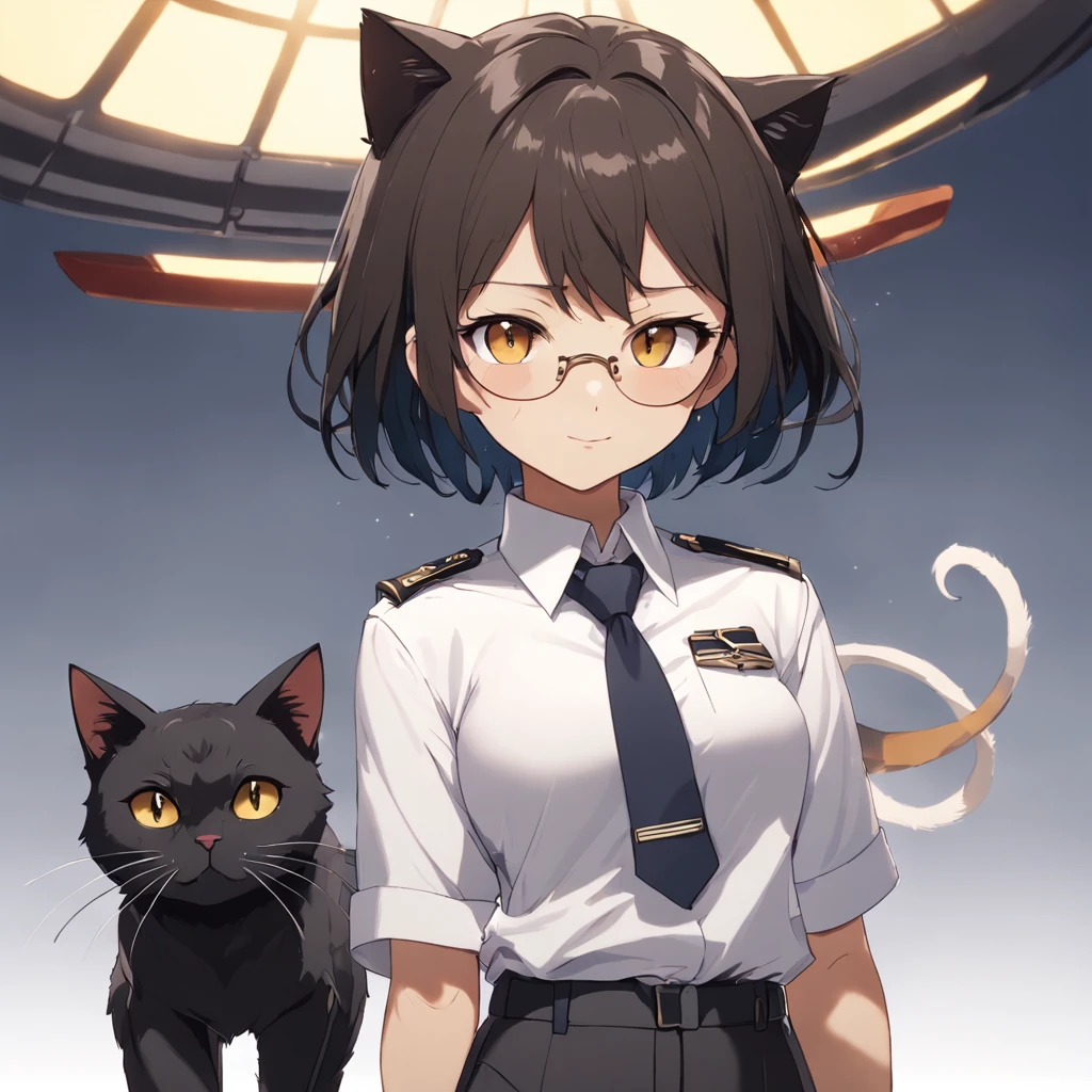 1girl, short black bob hair, yellow eyes, Round glasses, tan skin,dark skin ,BROWN SKIN, SHE HAS LIGHT BROWN SKIN, petite body, wearing plain white formal work shirt, wearing long black pants, business tie, absurdres, high res, ultrasharp, 8k, masterpiece, looking at viewer, cat ears, airline pilot uniform, airline pilot hat, white background, short sleeve, bangs, flat chest, whiskers, androgynous, she has cat ears on her head, she has cat teeth, cloudy background, holding pet black cat, smiling