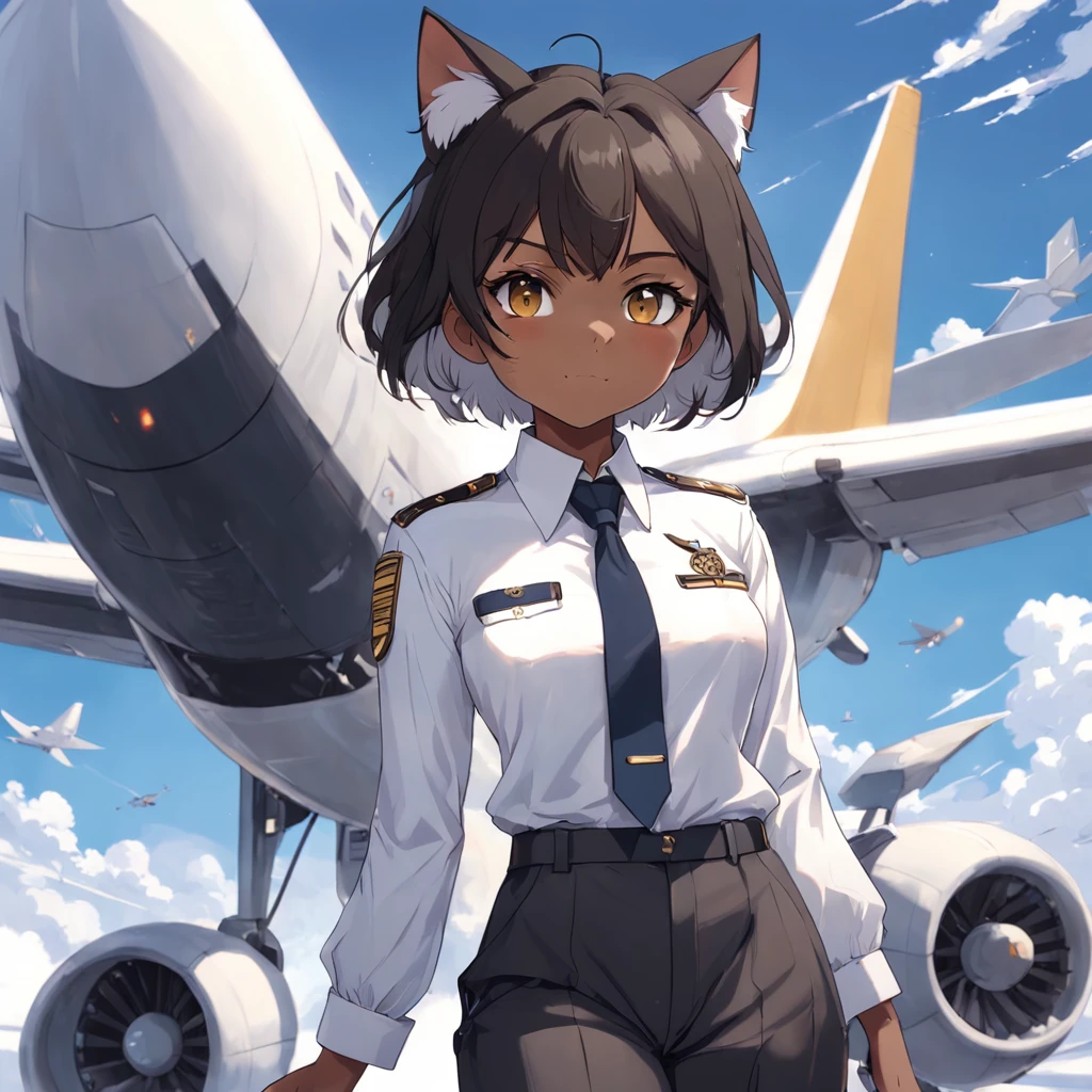 1girl, short black bob hair, yellow eyes, Round glasses, tan skin,dark skin ,BROWN SKIN, SHE HAS LIGHT BROWN SKIN, petite body, wearing plain white formal work shirt, wearing long black pants, business tie, absurdres, high res, ultrasharp, 8k, masterpiece, looking at viewer, cat ears, airline pilot uniform, airline pilot hat, white background, short sleeve, bangs, flat chest, whiskers, androgynous, she has cat ears on her head, she has cat teeth, cloudy background, holding pet black cat, smiling