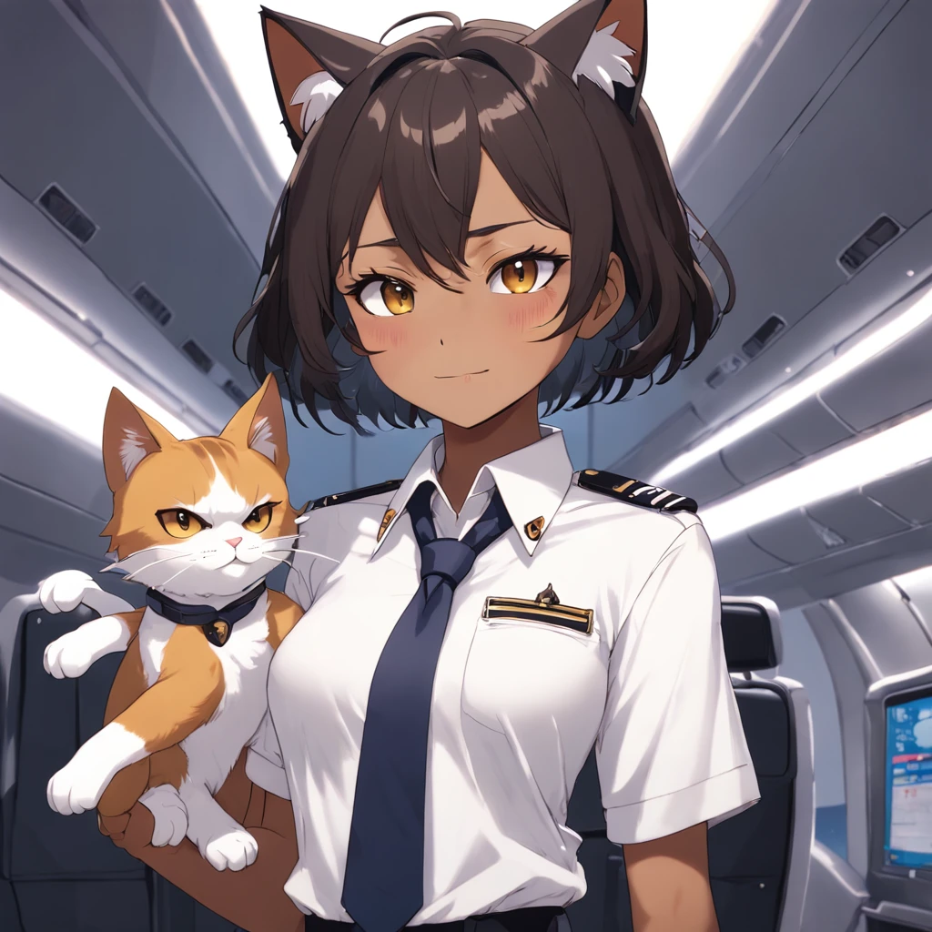 1girl, short black bob hair, yellow eyes, Round glasses, tan skin,dark skin ,BROWN SKIN, SHE HAS LIGHT BROWN SKIN, petite body, wearing plain white formal work shirt, wearing long black pants, business tie, absurdres, high res, ultrasharp, 8k, masterpiece, looking at viewer, cat ears, airline pilot uniform, airline pilot hat, white background, short sleeve, bangs, flat chest, whiskers, androgynous, she has cat ears on her head, she has cat teeth, cloudy background, holding pet black cat, smiling