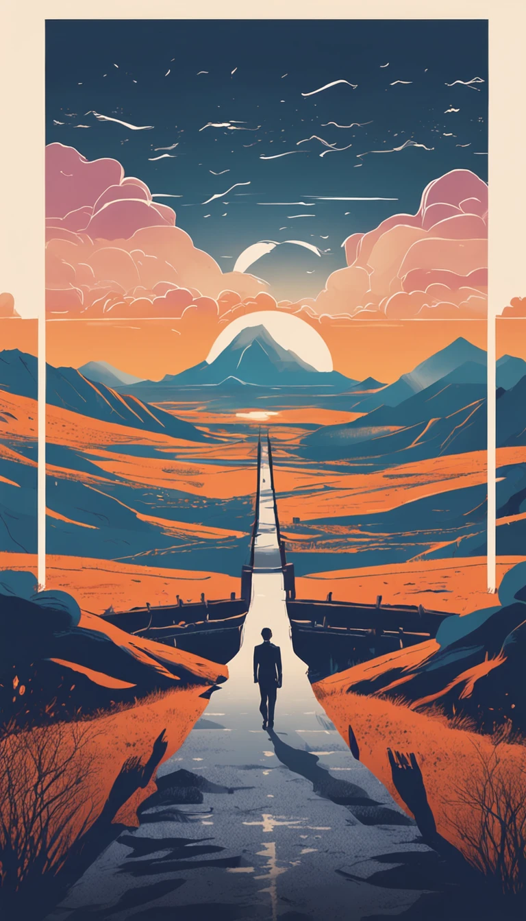 A world of vast landscapes。It depicts a single figure standing in the center。The person is freed from the bondage of yesterday、We are moving towards uncharted territory that opens up ahead。The road is curvilinear、Invisible prospects are ahead。At his feet is a bridge to a new path.、There is a light that symbolizes hope for the future.。Behind it is a thin symbol indicating the past.、That makes his new journey even brighter
