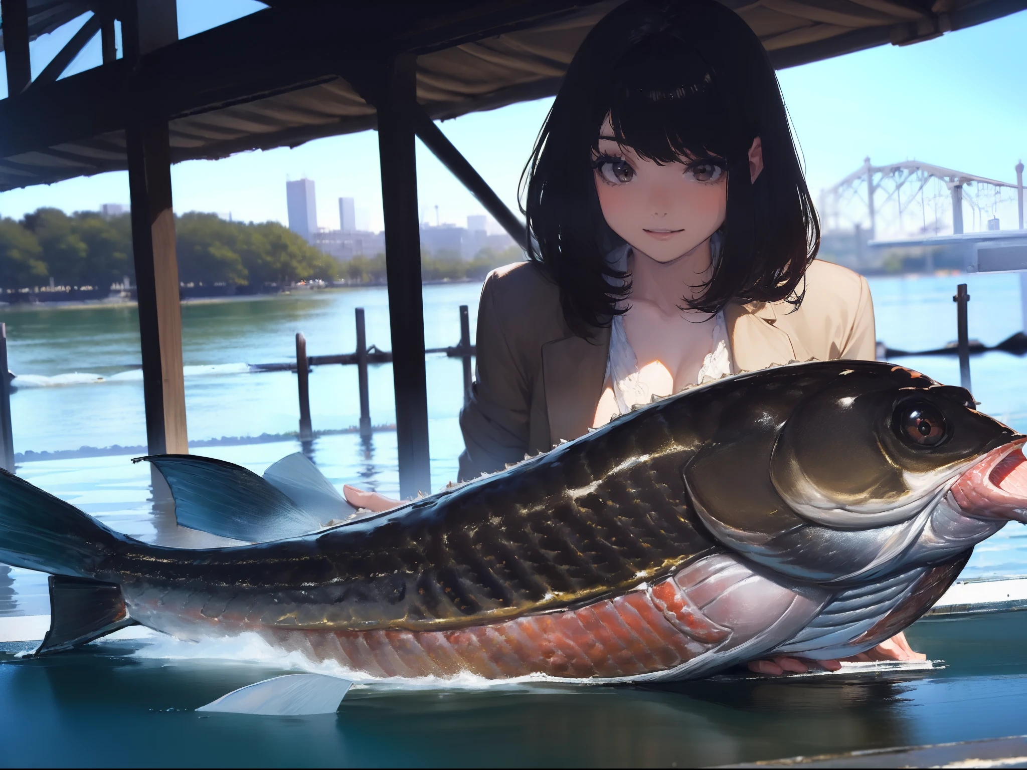 ((((Catchig a big blackbass by the lake)))),((Best Quality, masutepiece :1.3)),((( large mouth bass))),hight resolution,ultra-detailliert,Official art,Beauty and aesthetics,masterpiece,best qualtiy,ighly detailed,1 Japanese woman,Black hair, long eyeslashes, Solid Circle Eyes, deadpan, drop shadow, Atmospheric perspective,Super Detail, ccurate, Best Quality, small tits,Black jacket,top-quality, 8K, nffsw, Hi-Res, absurderes:1.2, blurry backround, bokeh dof:1.2, a picture, (Raw photography:1.2), (Photorealsitic:1.4), (masterpiece:1.3), (intricate detailes:1.2), Atmospheric perspective,Super Detail, ccurate, Best Quality,