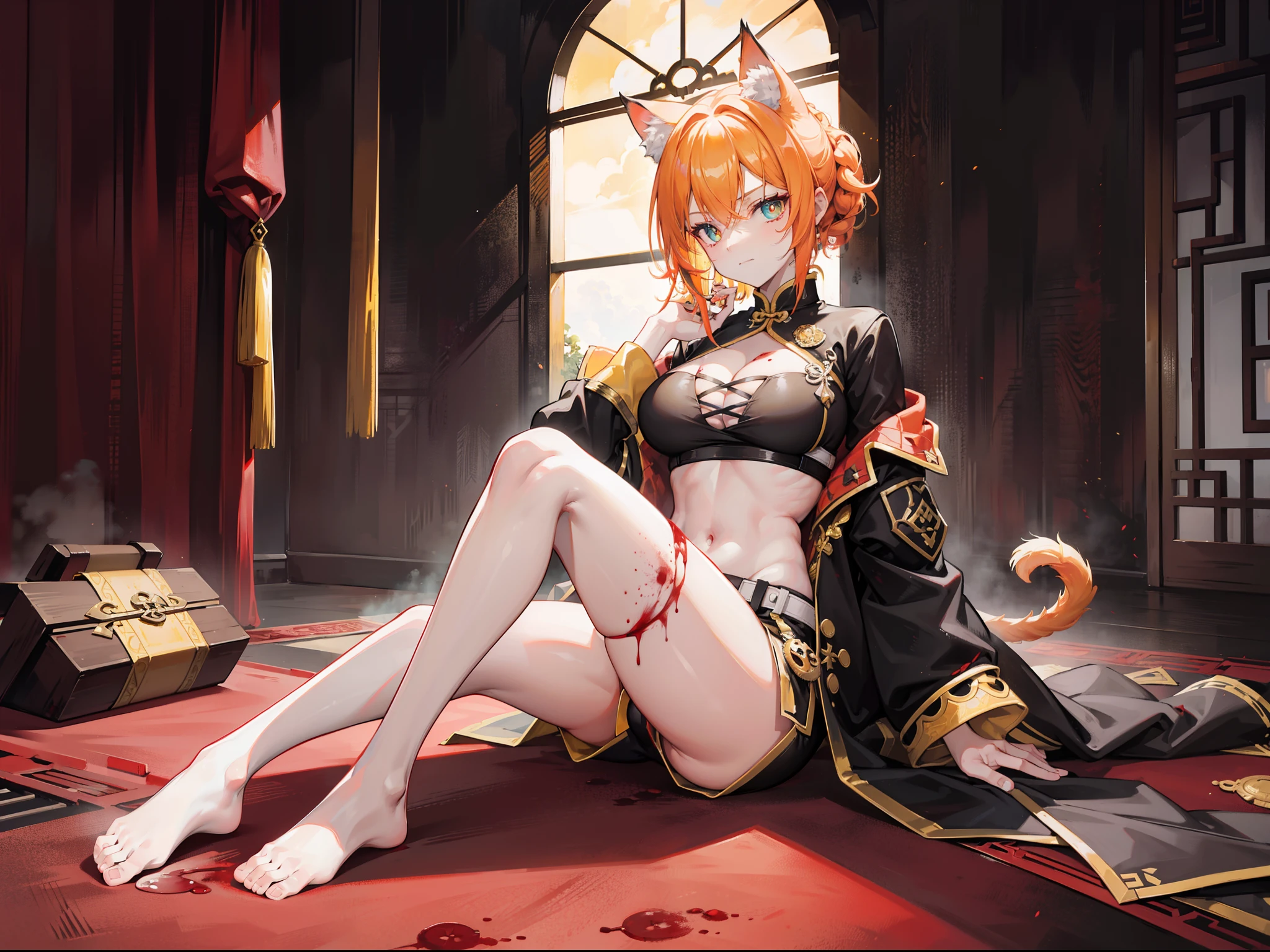 Beautiful girl with orange-yellow hair color,curlies,Short hair and high ponytail,cat ear,Beast Girl,He was dressed in bloodstained clothes, Ancient yellow and white long-sleeved training clothes,A knife hidden in clothes,open waist,Wear yellow and black shorts,White stockings stained with blood,without wearing shoes,assins,Sunny smile,Tall and tall,at dusk at golden hour,Sitting in an ancient Chinese courtyard covered in blood,Bodies are everywhere,dark stormy clouds,China-style,huge tit,Full body photo,Extremely thin,extremely hyper,assass,The legs are very thin,Best quality at best,High- sharpness,tmasterpiece,Holding a blood-stained short knife,His body was covered in blood,Sick,Heterochromic pupils,morbid,murderer,ely hyper,Heterochromic pupils,being thin,Be covered in blood,Bodies are strewn across the field,blood vess,Cat demon,Long cat tail,Leprechaun,Cat woman,sit on a bed,seductiv,Raised sexy,The complen is flushed